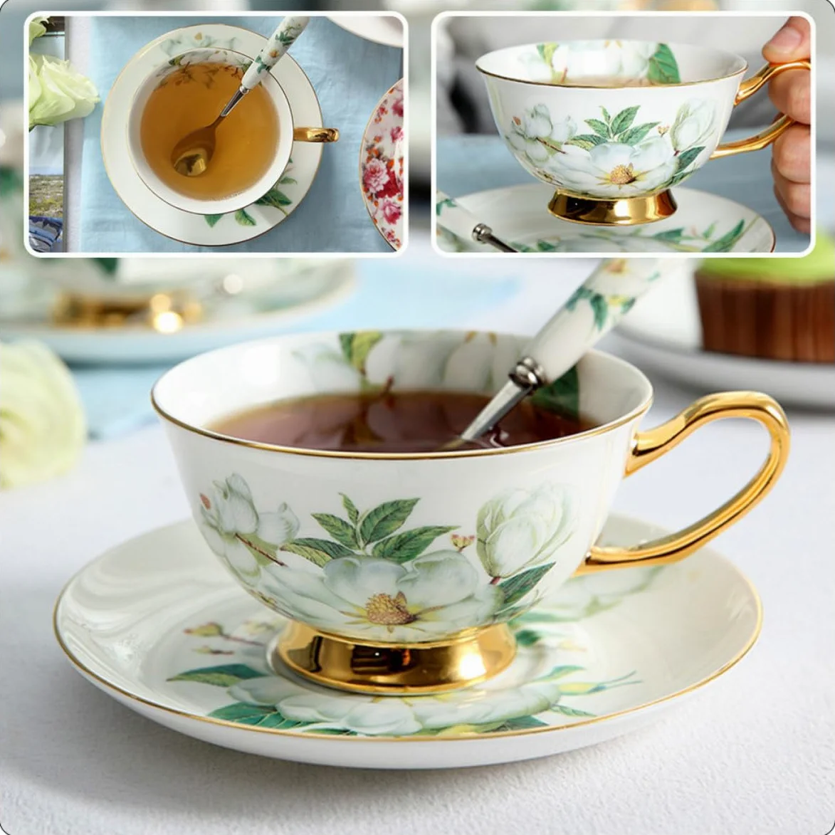 BESTOYARD Juego de Taza de Café de Cerámica Platillo y Cuchara, Diseño Europeo Borde Dorado, Fácil de Limpiar y Uso Prolongado para Té y Café
