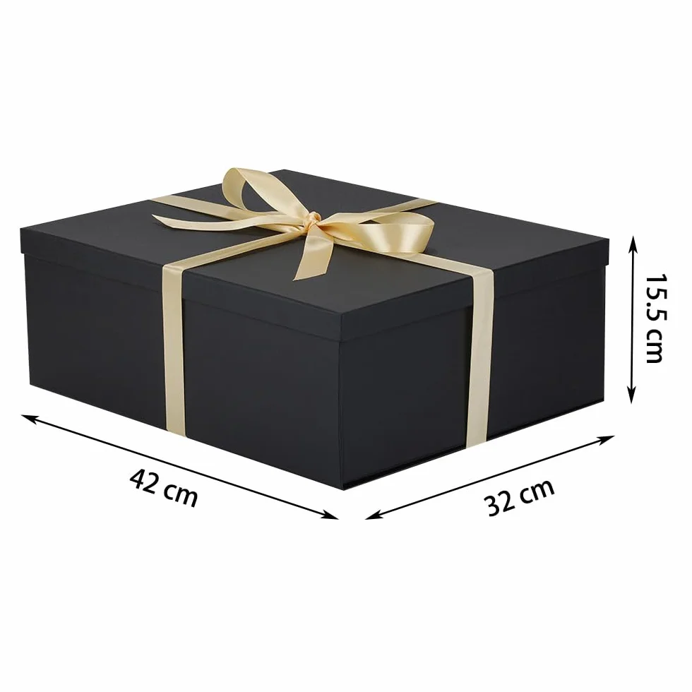 Caja de regalo grande Negro con tapa 42 x 32 x 15,5 cm, Cajas de Regalo Premium con Tapa y Cinta para Regalos de San Valentín, Navidad Incluye Papel seda triturado Tarjetas sobre