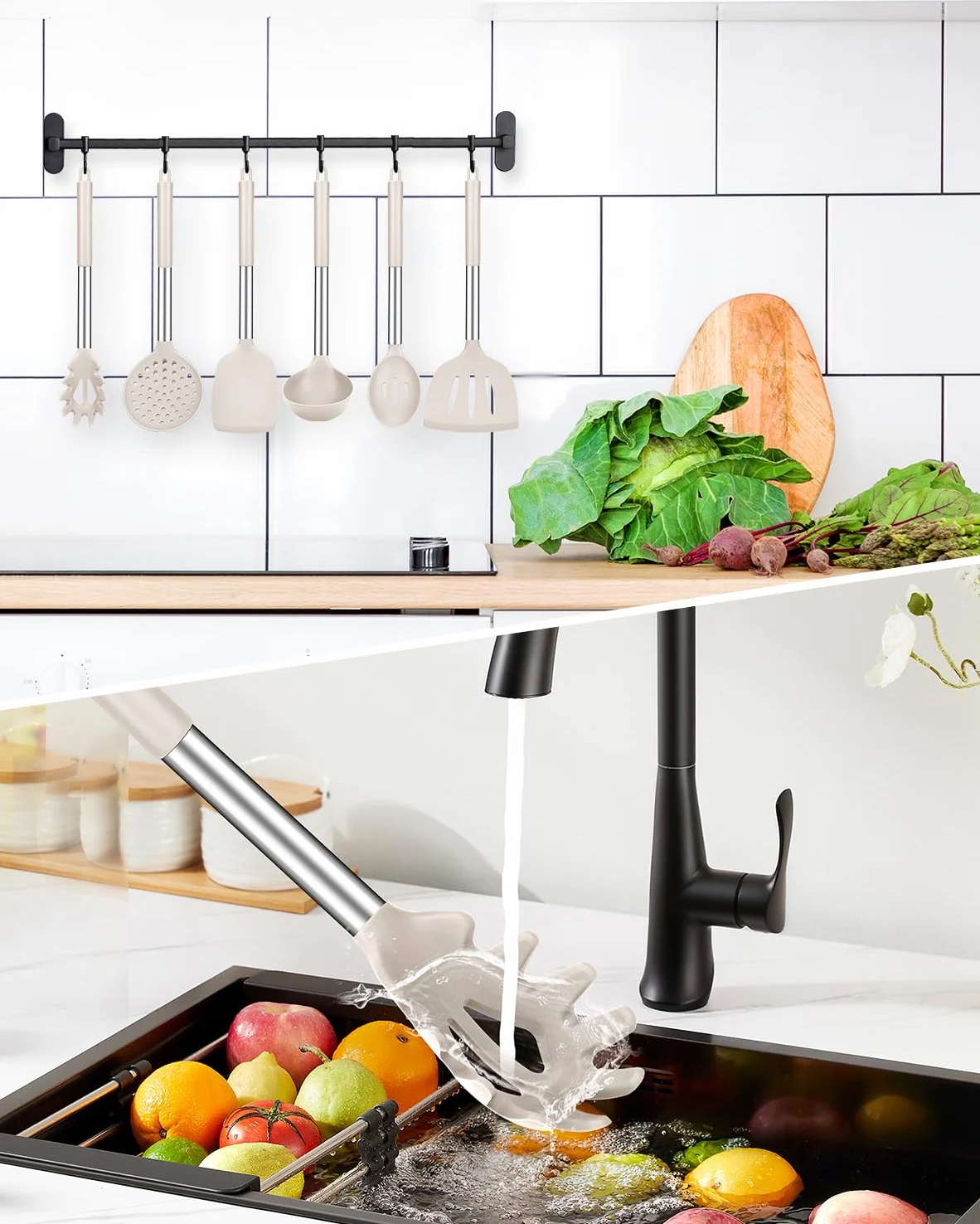 Juego de utensilios de cocina de silicona, 8 utensilios de cocina antiadherentes con mango de acero inoxidable, sin BPA, herramientas de cocina resistentes al calor con espátulas, volteadores,