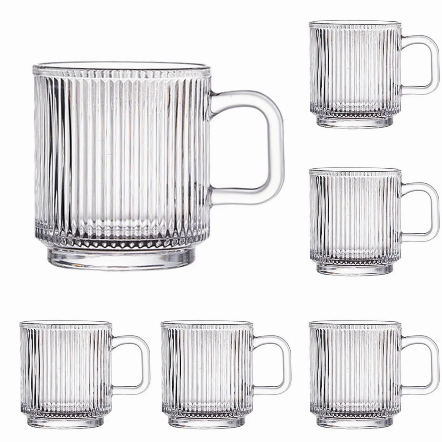 Paquete de 6 Tazas de café de Vidrio de 340 ml, Tazas de té clásicas con Rayas Verticales y asa, Ideales para Bebidas frías y Calientes.