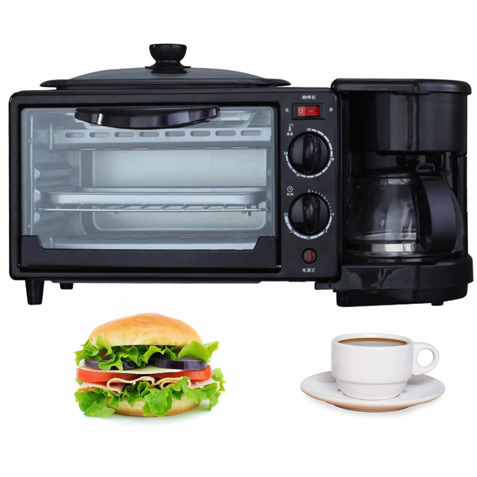 Estación for hacer desayuno 3 en 1, máquina de desayuno multifunción con horno eléctrico tostador de 9 litros, cafetera de 600 ml, sartén antiadherente, sandwichera de huevo, control de temperatura (