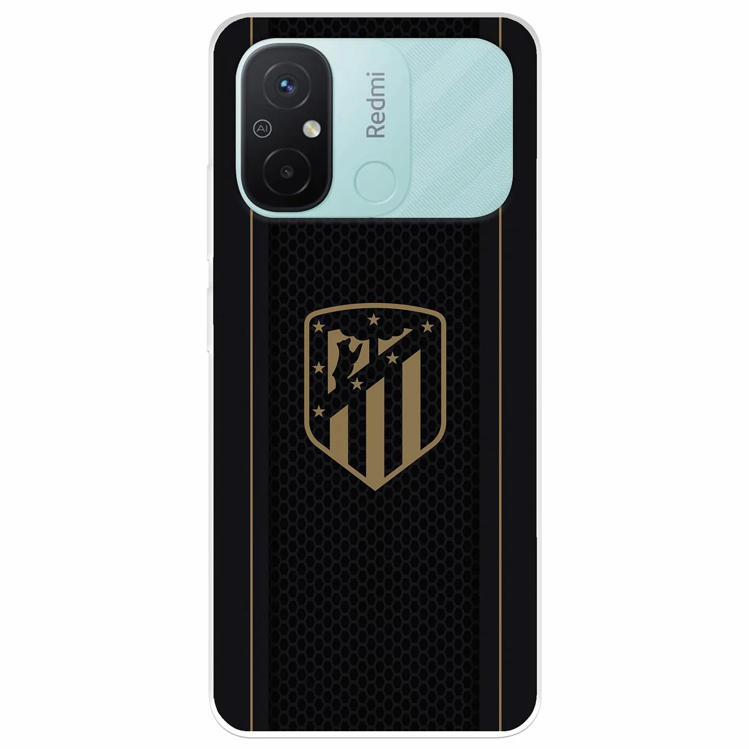 Funda para Xiaomi Redmi 12C Atlético de Madrid Escudo Dorado Fondo Negro Silicona Flexible Licencia Oficial