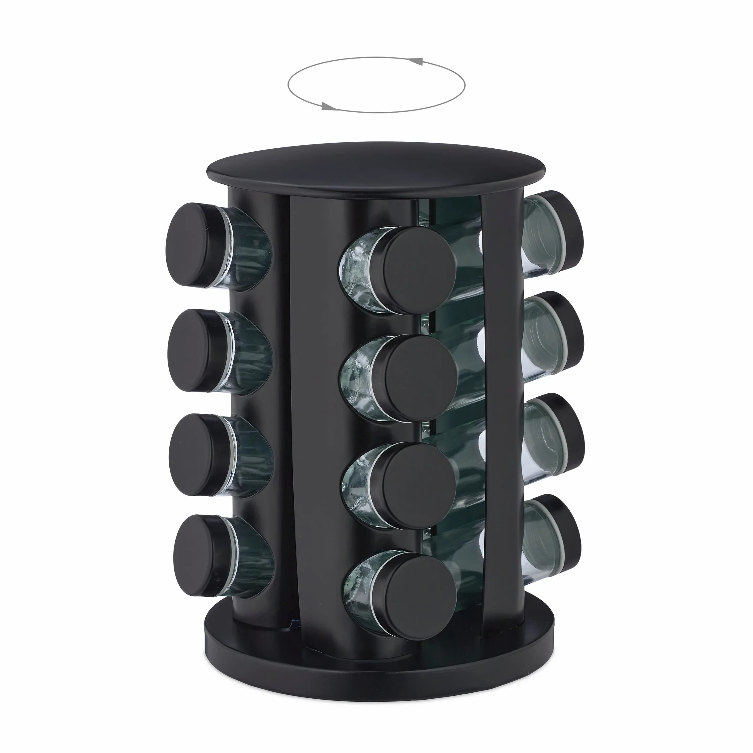 Relaxdays Especiero Giratorio con 16 Botes, con Dosificadores Rotatorio, Soporte Especias Reutilizable de Cocina, Negro