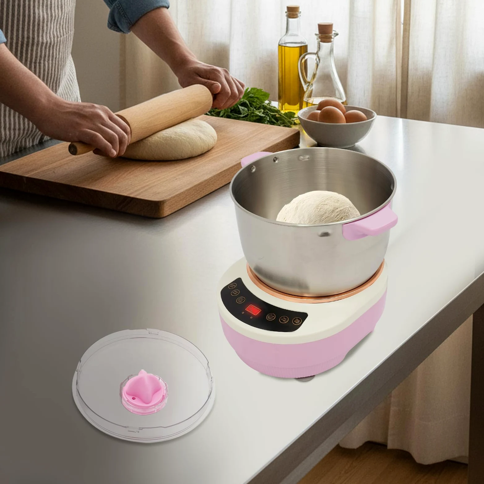 Acero Inoxidable Amasadora Eeléctrica avec Fonction Fermentation | 7 Litros Rosa Maquina de Masa, con Tapa Transparente, Diseño Silencioso, Preparación de Pan y Pasta