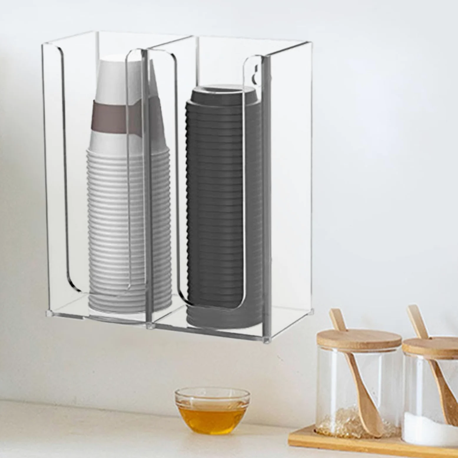 Porta Vasos de Papel Organizador de Cápsulas de Café Dispensador de Vasos Desechables Exhibidor de Vasos Material Acrílico Adecuado para Cocina, 2 Rejillas