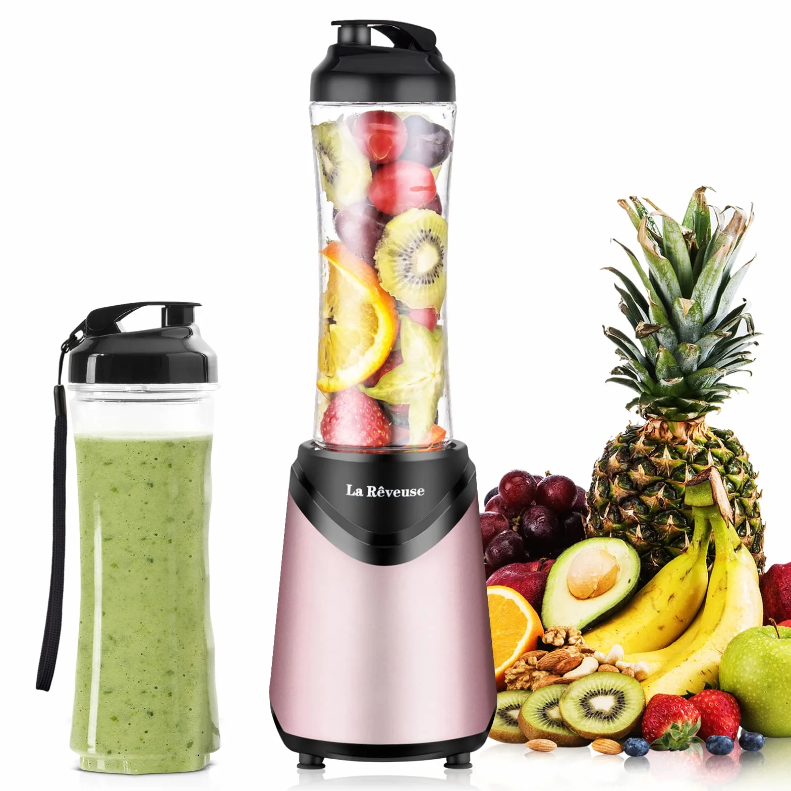 La Rêveuse Licuadora de batidos tamaño personal con 2 botellas deportivas de viaje portátiles sin BPA (550 ml),300 vatios,rosado (Pink) | Con (2) Tazas portátiles 550 ml sin BPA con tapas, mezclador empujador, compacto hogar oficina dorm, 300 W, LARB2205K