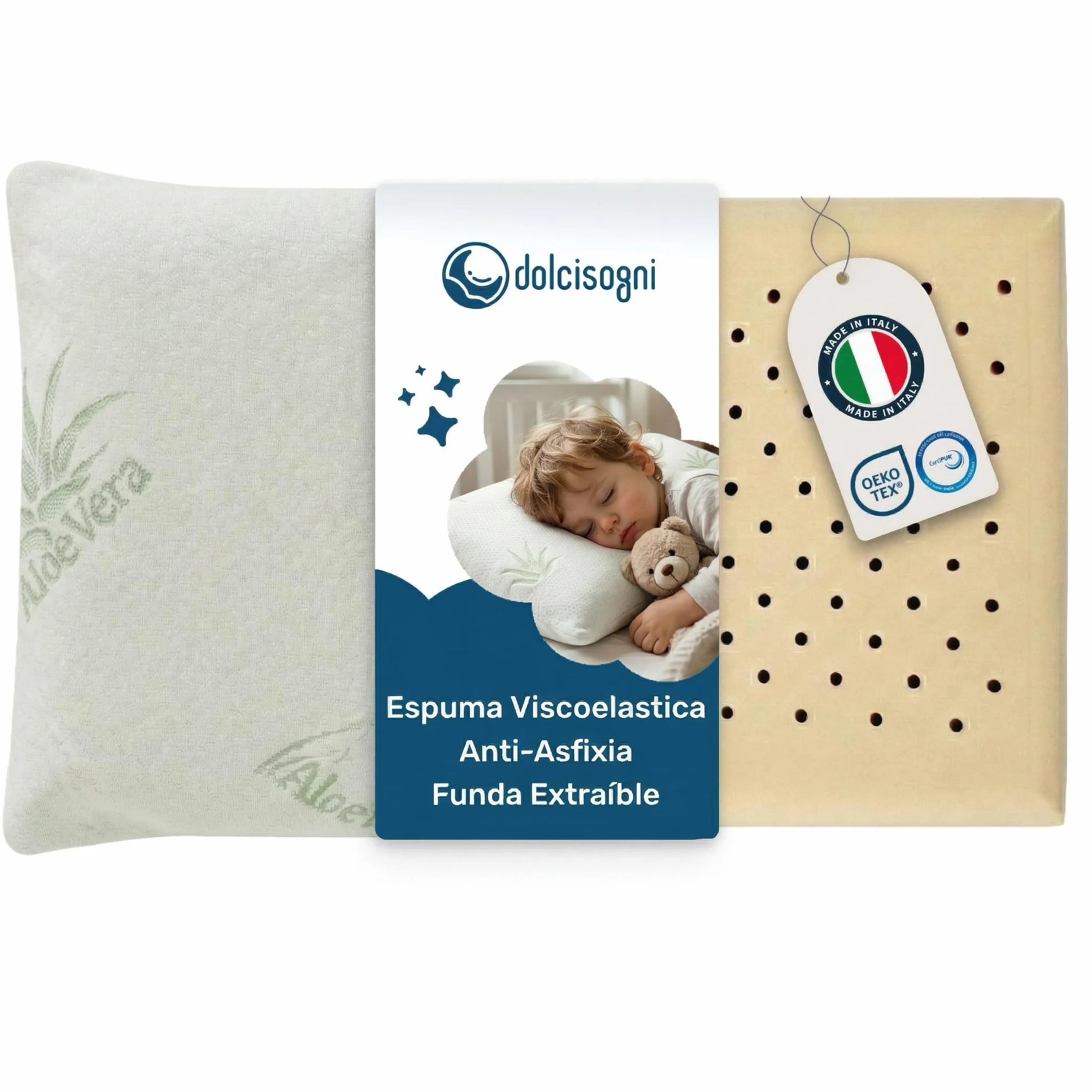 DOLCI SOGNI Almohada Bebé Viscoelástica Ergonómica Hipoalergénica Memory Foam Transpirable Cojín Suave Funda Aloe Vera Lavable