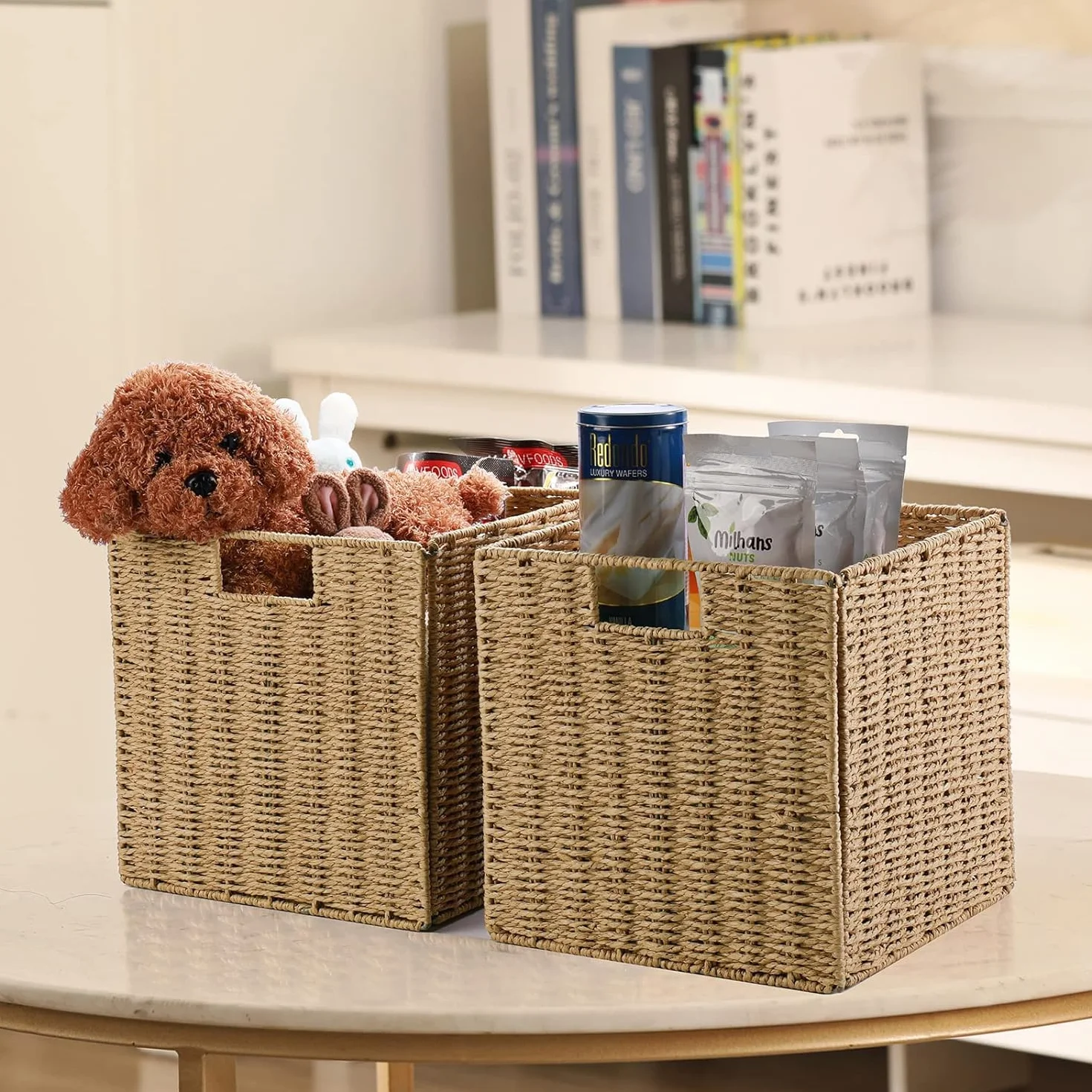 2 Cestas de Almacenaje, Cesta Mimbre Tejidas a Mano Cubo 28CM, Cesta Grande Plegable de Papel de Jacinto de Agua con Asas, Cesto Decorativo para Baño Estanterías Kallax Cocina