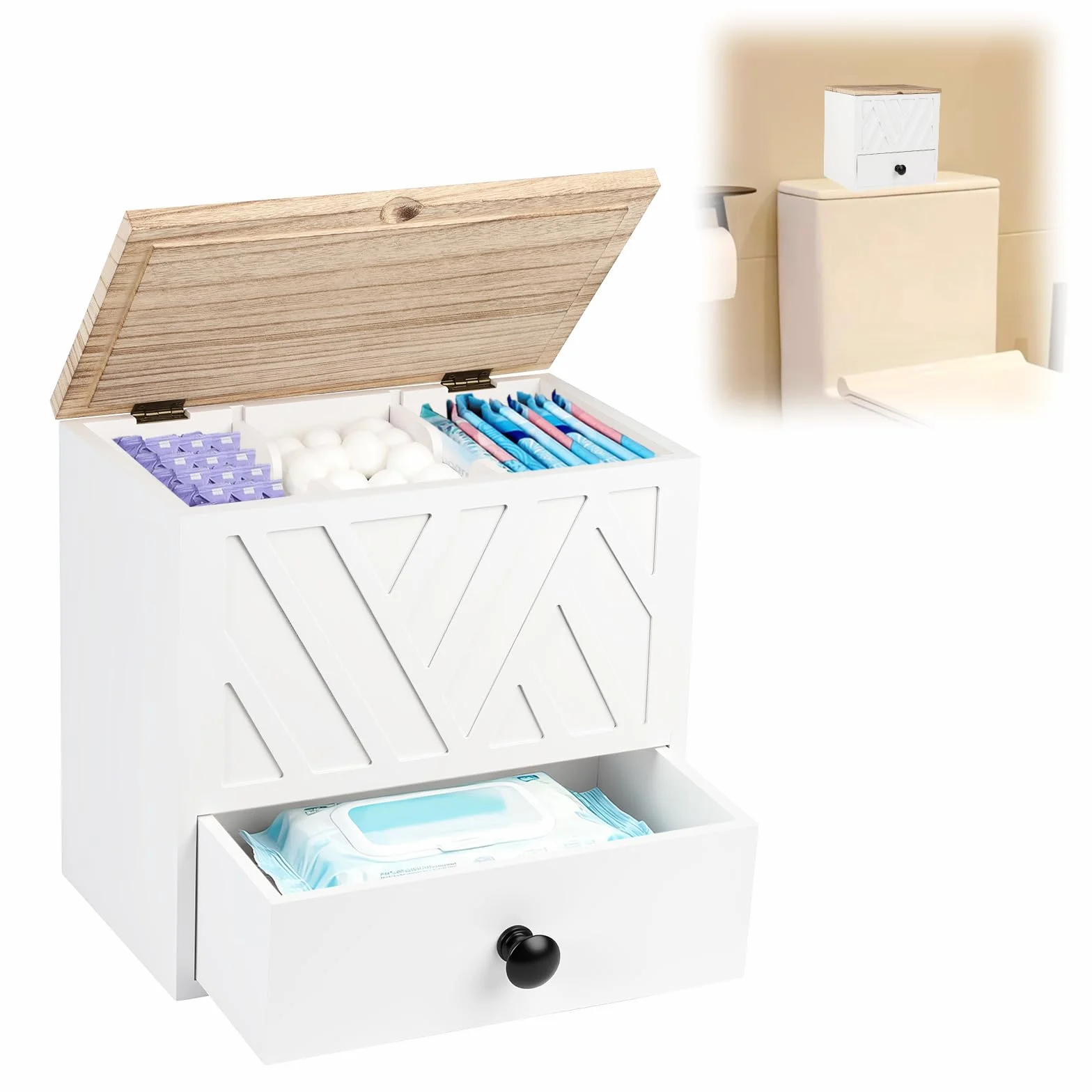 3 Compartimentos Caja Organizadora Compresas, Guarda Compresas y Tampones con Tapa Diseño Cajones para Salvaslips de Madera, para Artículos de Higiene Íntima para Niñas, Mujeres y Señoritas (Blanco)