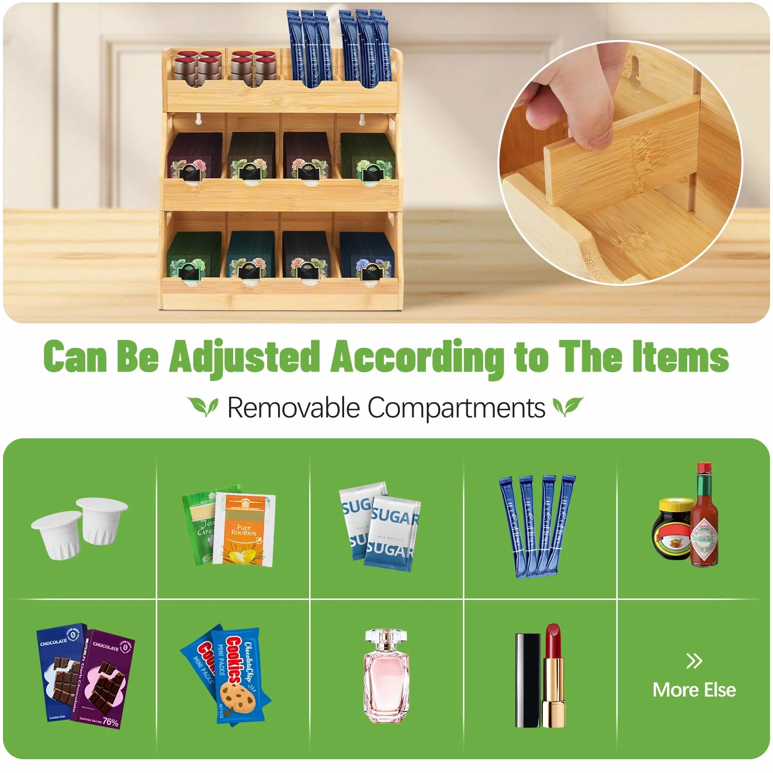 Organizador de Bolsas de Té De Vertical de Bambú, Apilable de 3 Niveles Caja Infusiones, para Colgar En La Pared Caja Te De con 12 Compartimentos Extraíbles para Bolsas De Té Café Azúcar