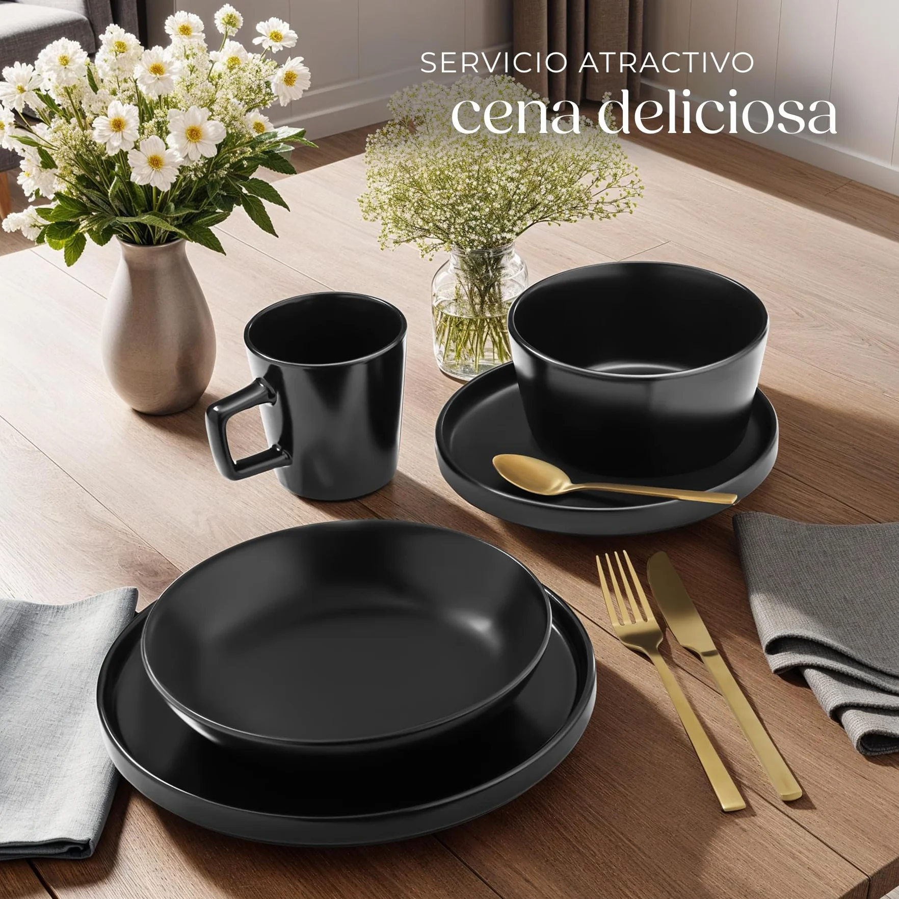 tectake® Servicio Combinado para 6 Personas, Juego Vajilla Estilo Urbano, Gres Esmalte, Lavavajillas y Microondas, Vajillas Completas Modernas, Cuencos Ceramica y Tazas - 30 Piezas Negro