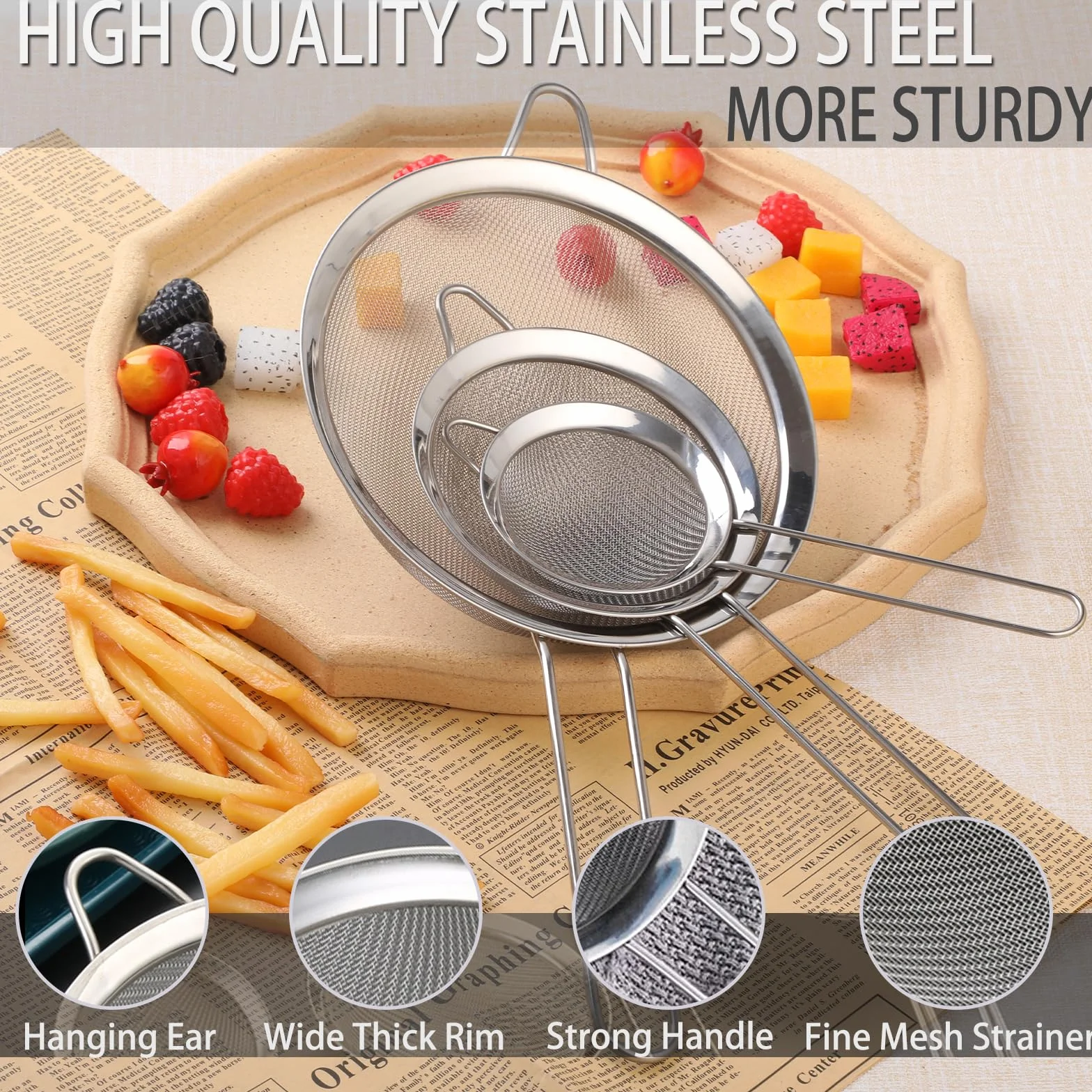 3 Coladores de Malla Fina con Mango de Acero Inoxidable de 22/27,5/35 cm de Diámetro, GeeRic Filtro duradero para Escurrir Pasta, Frutas, Verduras y Postres, Así como para Tamizar Harina