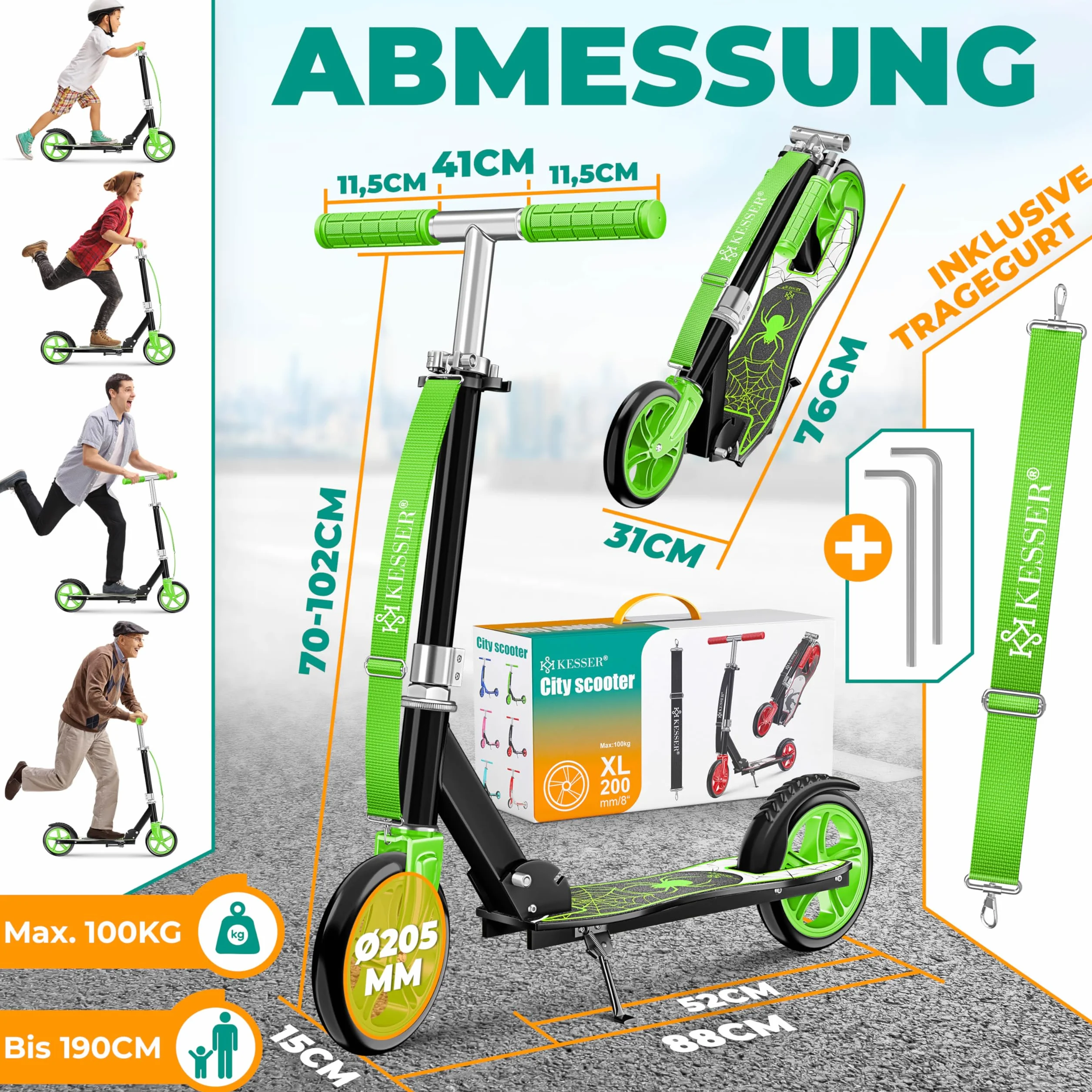 KESSER City Scooter Plegable para Niños, Patinete Regulable en Altura hasta 100 kg, Freno Trasero