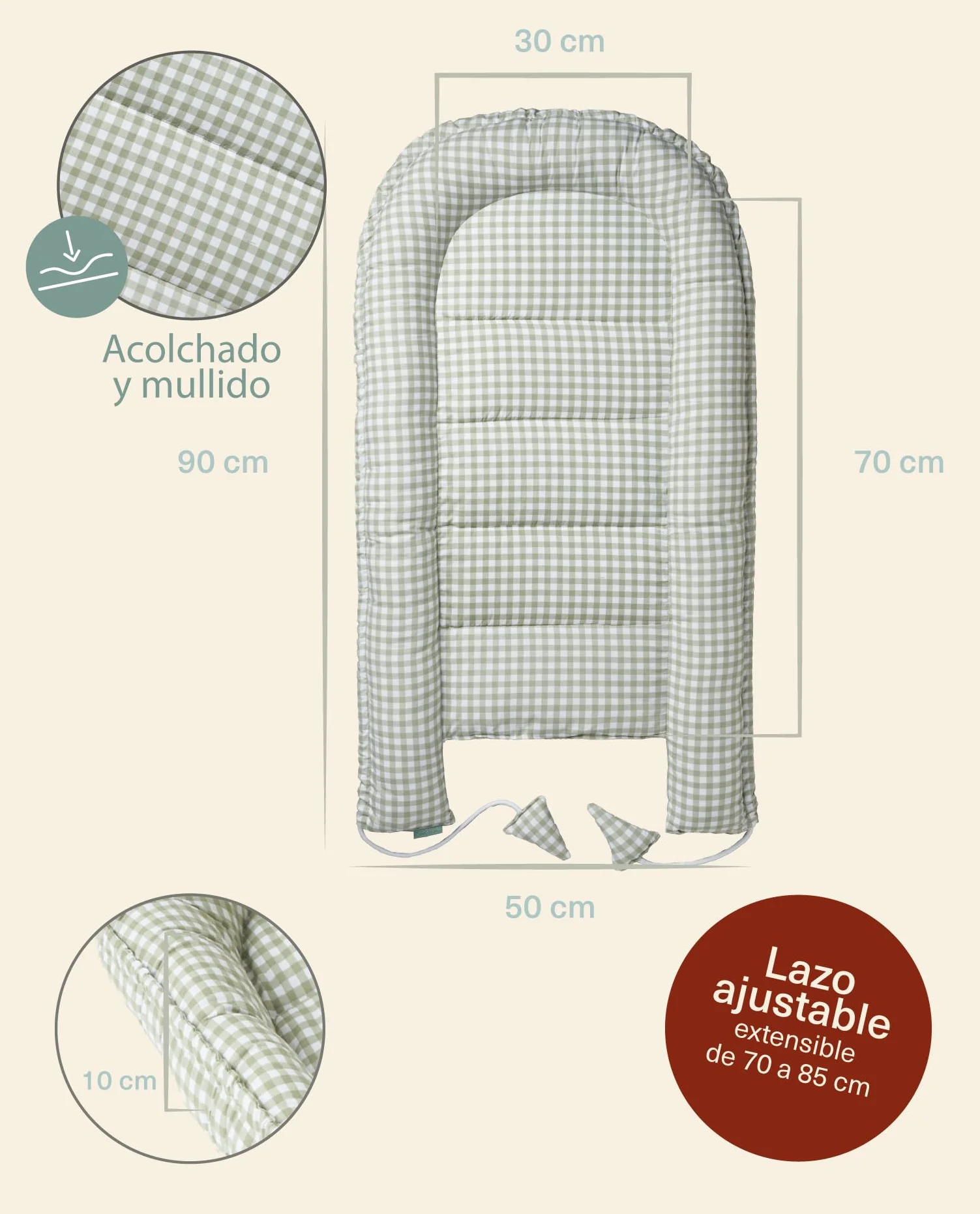 molis&co. Nido de Bebé 90 x 50 cm. Reductor de Cuna o Nido de Colecho para Bebe. Algodón. Cuna Portátil o de Viaje para recién Nacido. Mint Tea. Oeko-Tex 100.