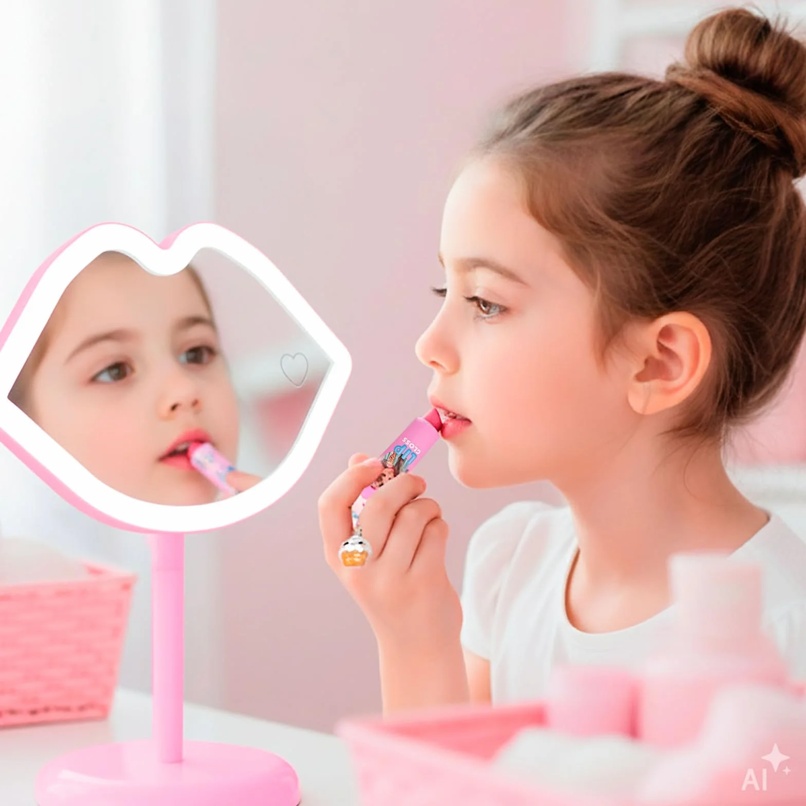 Depesche 14116 TOPModel Candy Glam - Espejo de Mesa con LED, Espejo con Forma de Labios y Borde Luminoso LED, Espejo de Maquillaje con iluminación en Color Rosa