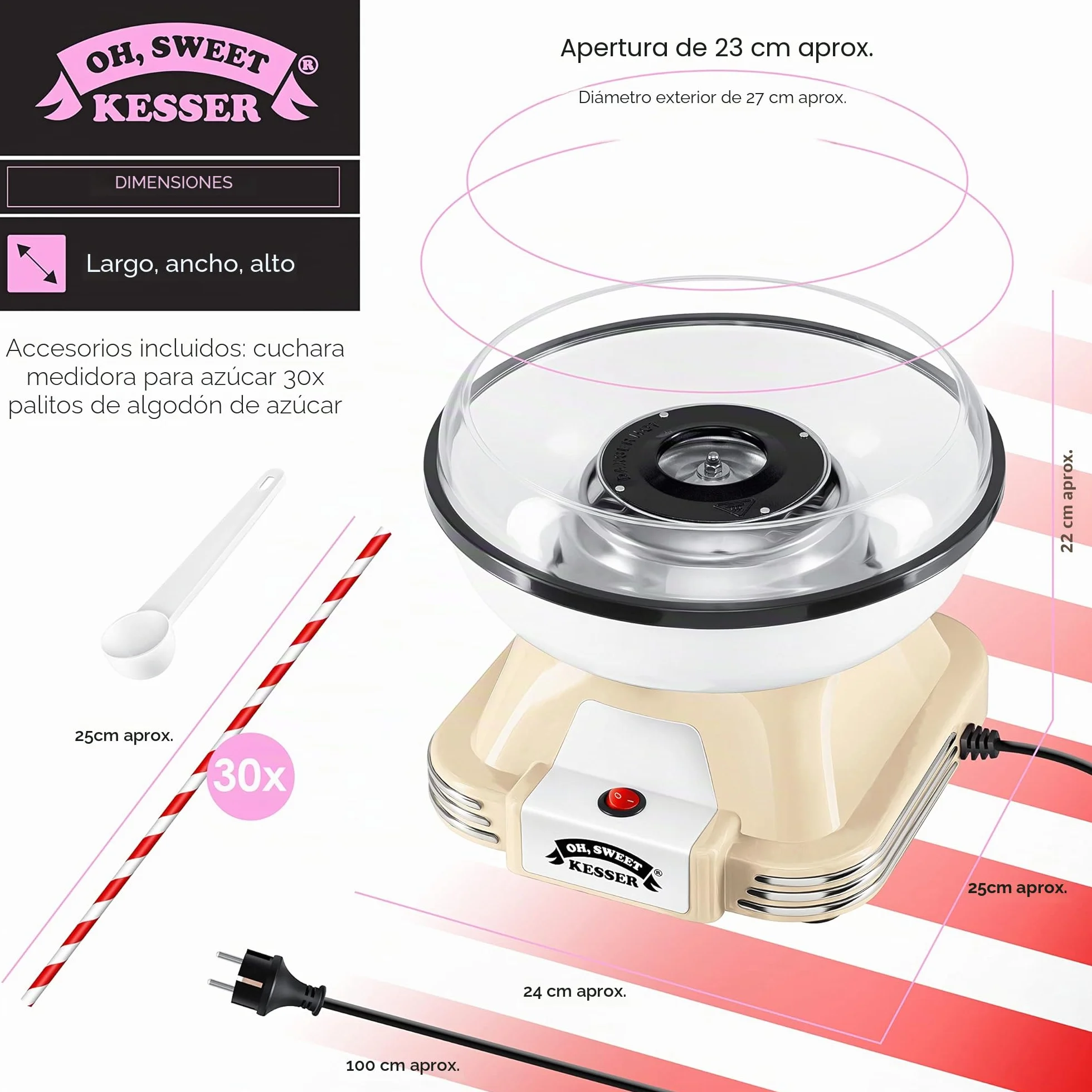 KESSER® Juego de máquina de algodón de azúcar para tu hogar – con 30 Varillas de algodón de azúcar y cucharas medidoras – Máquina de algodón Retro – Máquina de algodón de azúcar con Accesorios