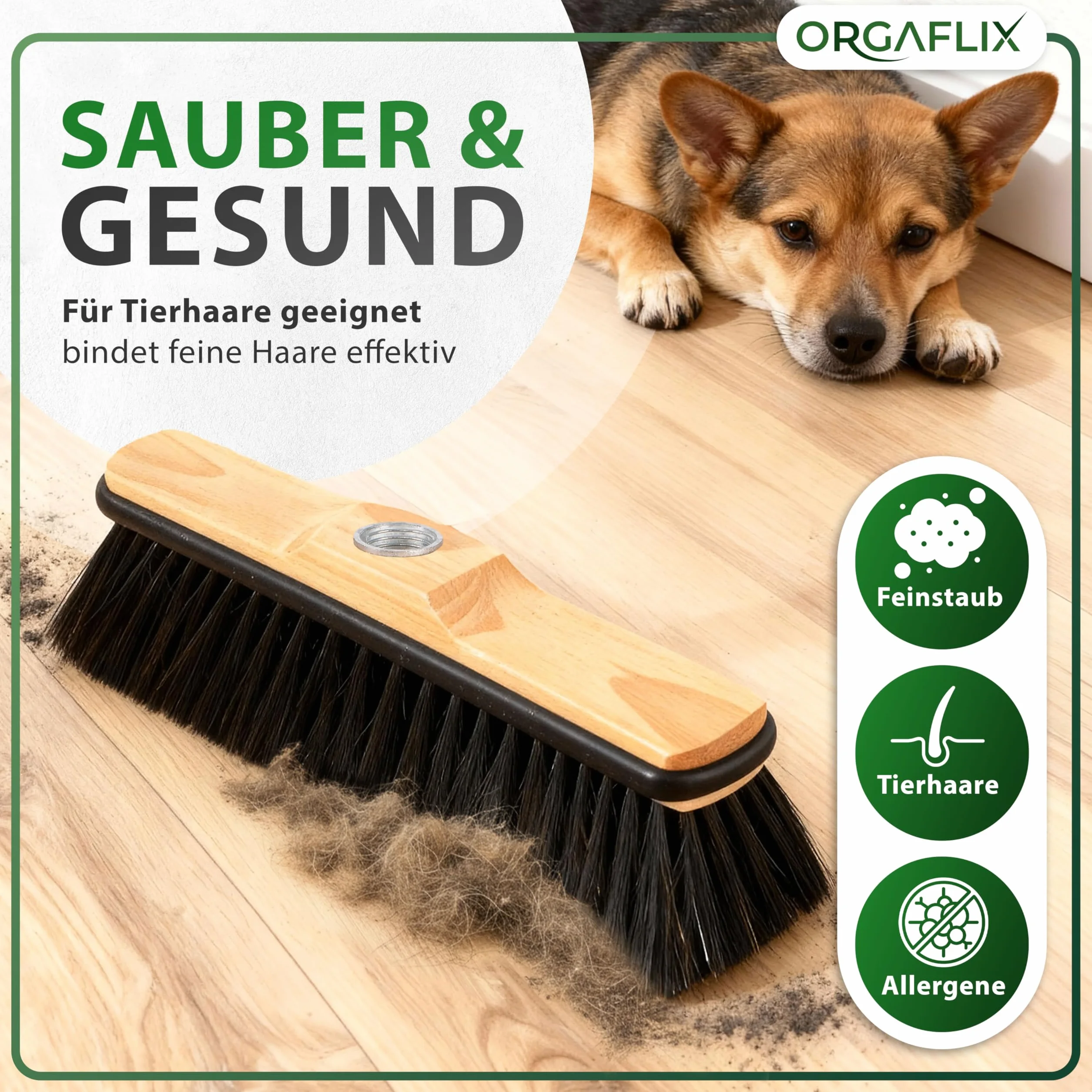 ORGAFLIX Escoba premium sin mango de crin con protección de bordes, 28 cm, extra resistente al polvo gracias a la mezcla de crins de, escoba de habitación
