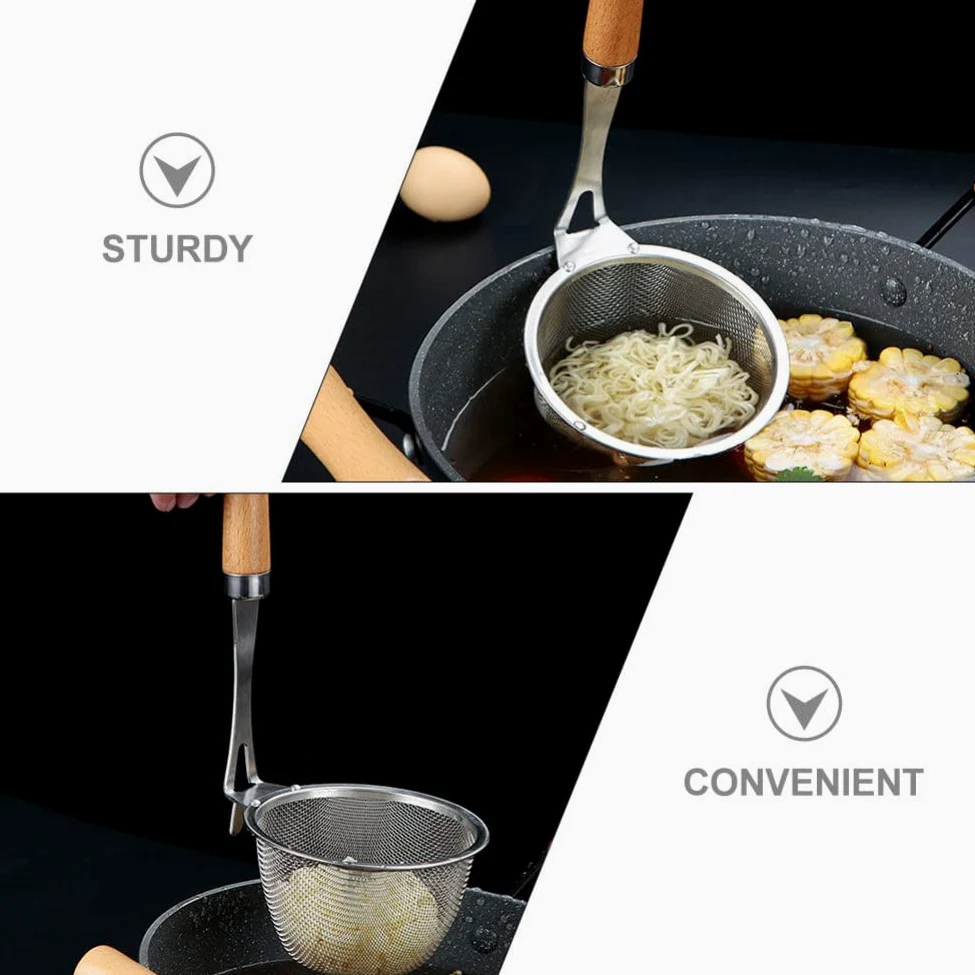 Colador de Malla Fina con Mango de Madera para Cocina, Ideal para Pasta, Fideos y freír