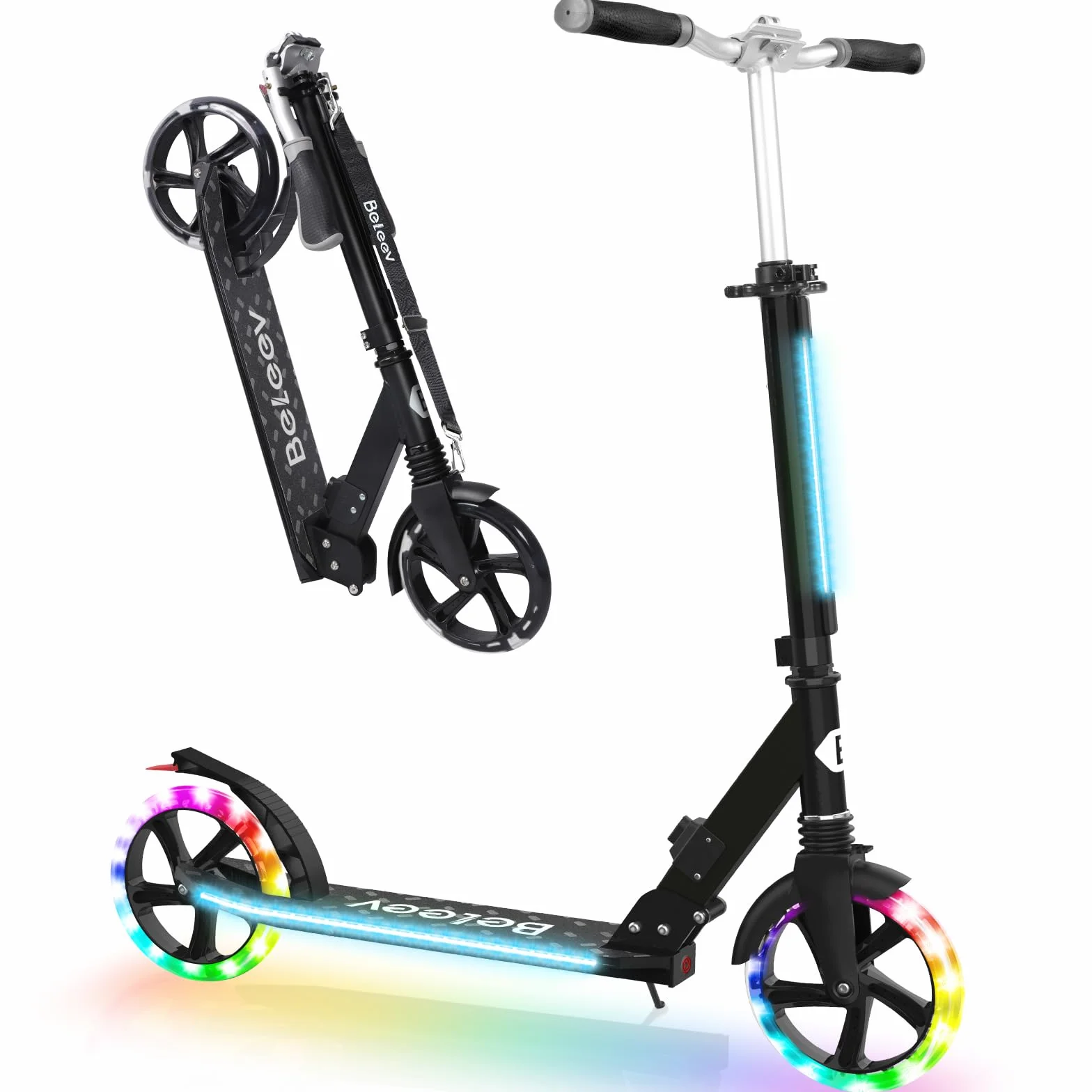 BELEEV Patinete Plegable 2 Ruedas con Luces LED, Rueda 200mm, Altura Ajustable, Adulto Niño