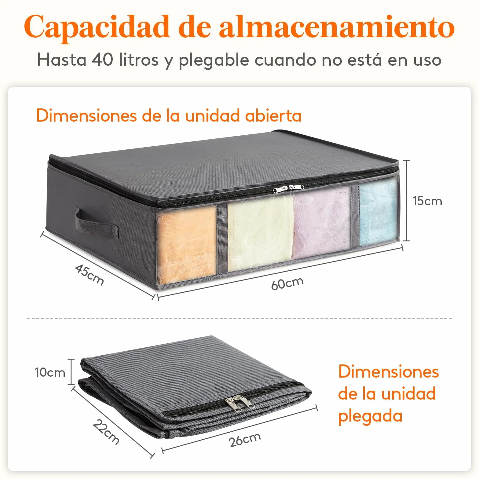 Lifewit Bolsas de Almacenaje para Debajo de la Cama, Cajas para Guardar Ropa con Ventana Transparente Frontal, Organizadore Armario para Toallas, Mantas, Gris, 40 L, 2 Piezas