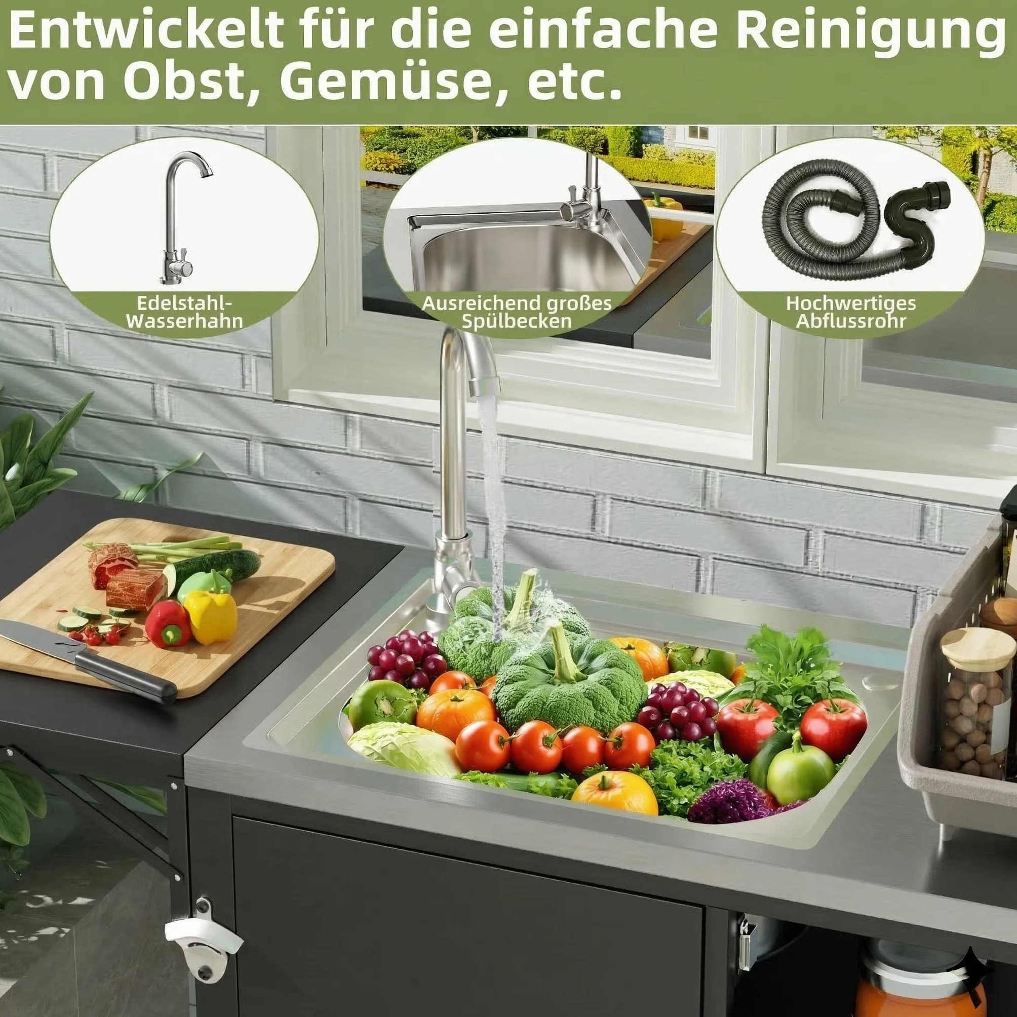 Carrito de barbacoa enrollable con fregadero y encimera plegable, isla de cocina con armario de almacenamiento de acero inoxidable 304 para jardín, terraza y césped