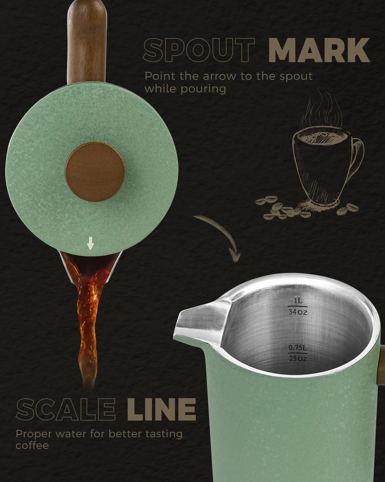 POLIVIAR JX2023-FPLN - Cafetera de prensa francesa, prensa de café de 34 onzas con mango de madera real, aislamiento de doble pared y pantalla de filtro doble, acero inoxidable de grado alimenticio