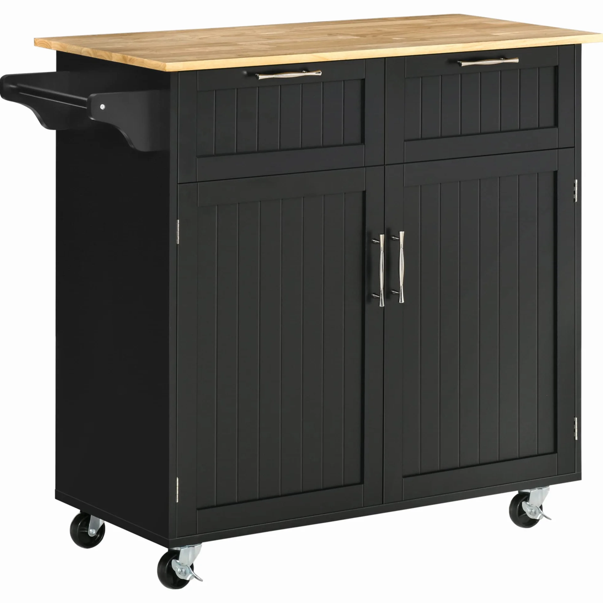 HOMCOM Isla de Cocina con Ruedas Carrito de Cocina Mueble Auxiliar de Cocina con 2 Puertas 2 Cajón Toallero y Estante Ajustable para Comedor Salón 104x46x91 cm Negro