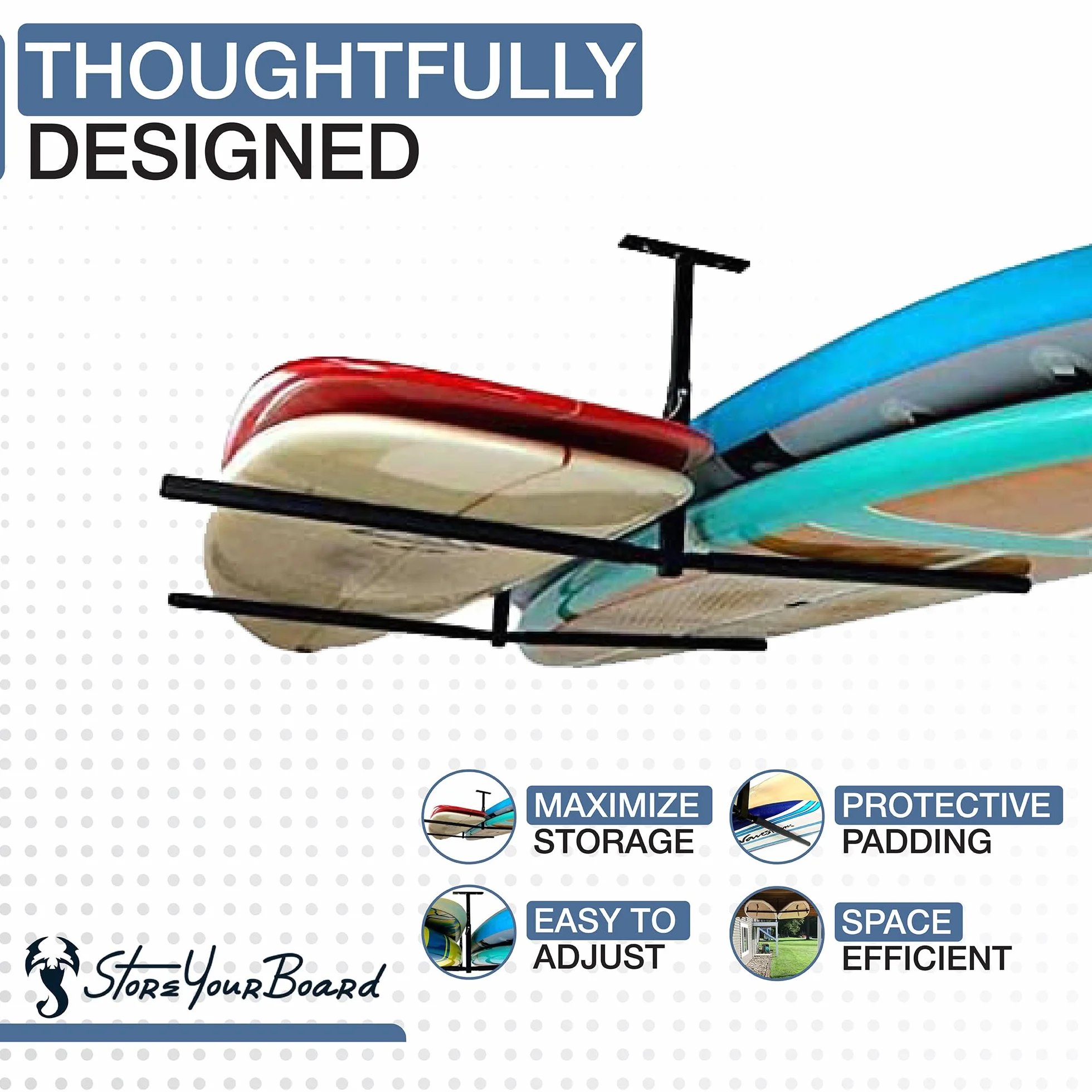 StoreYourBoard Estante Doble de Almacenamiento de Techo para Sup & Surf, Hi Port 2, Brazos de 30 Pulgadas