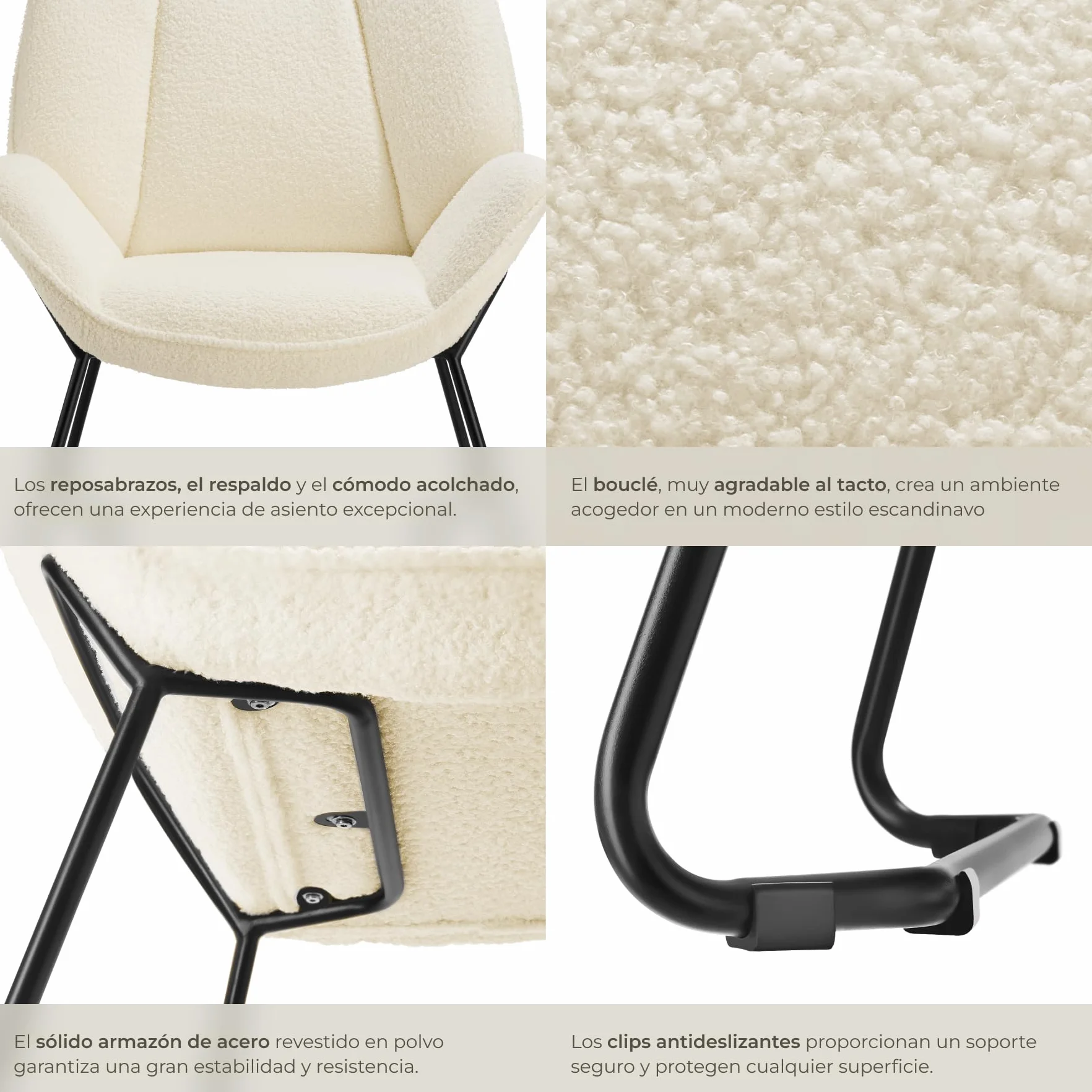 tectake® Sillón de Bouclé Acolchado y Reclinable, Butaca Escandinava con Reposabrazos y Respaldo, Tapizado de Espuma de Alta Densidad, Estructura de Acero con Protección Antideslizante - Crema/Blanco