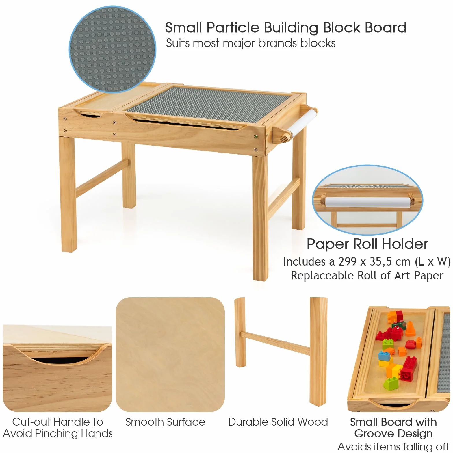 LIFEZEAL 2 en 1 Mesa de Actividades Infantil, Mesa de Dibujo y Bloques de Construcción con Espacio de Almacenaje, Bandeja Reversible, Rodillo para Papel, Escritorio de Madera para Niños (Natural)
