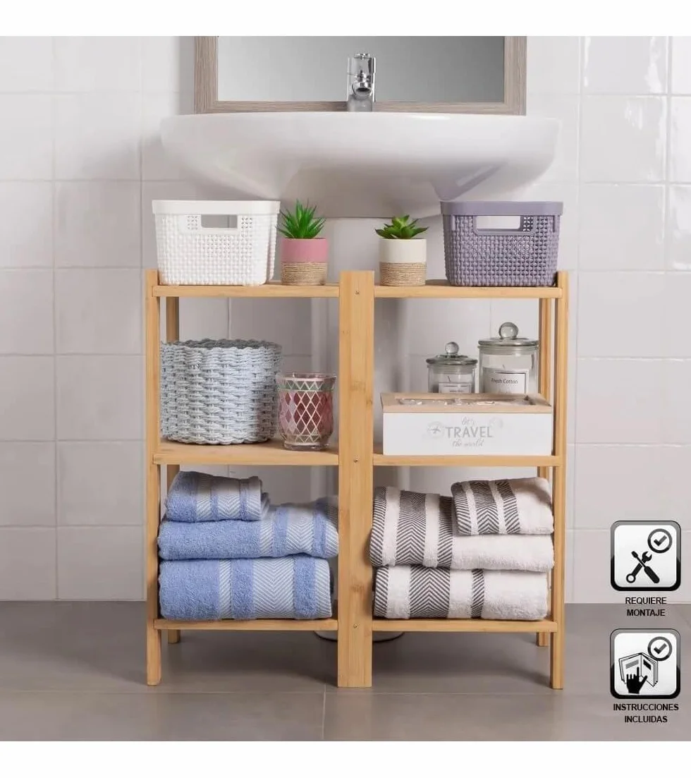 LOLAhome Mueble bajo Lavabo pie con 3 estantes de bambú Natural de 60x30x60 cm