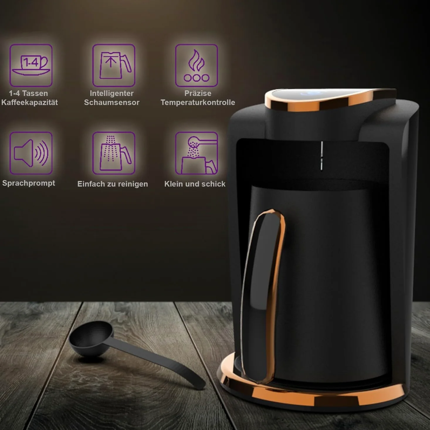 İnca Cafetera turca IKM-01 Serie Wonder, cafetera turca con cuchara dosificadora para 4 tazas (fincan) al mismo tiempo, alto rendimiento en un elegante diseño negro y oro rosa