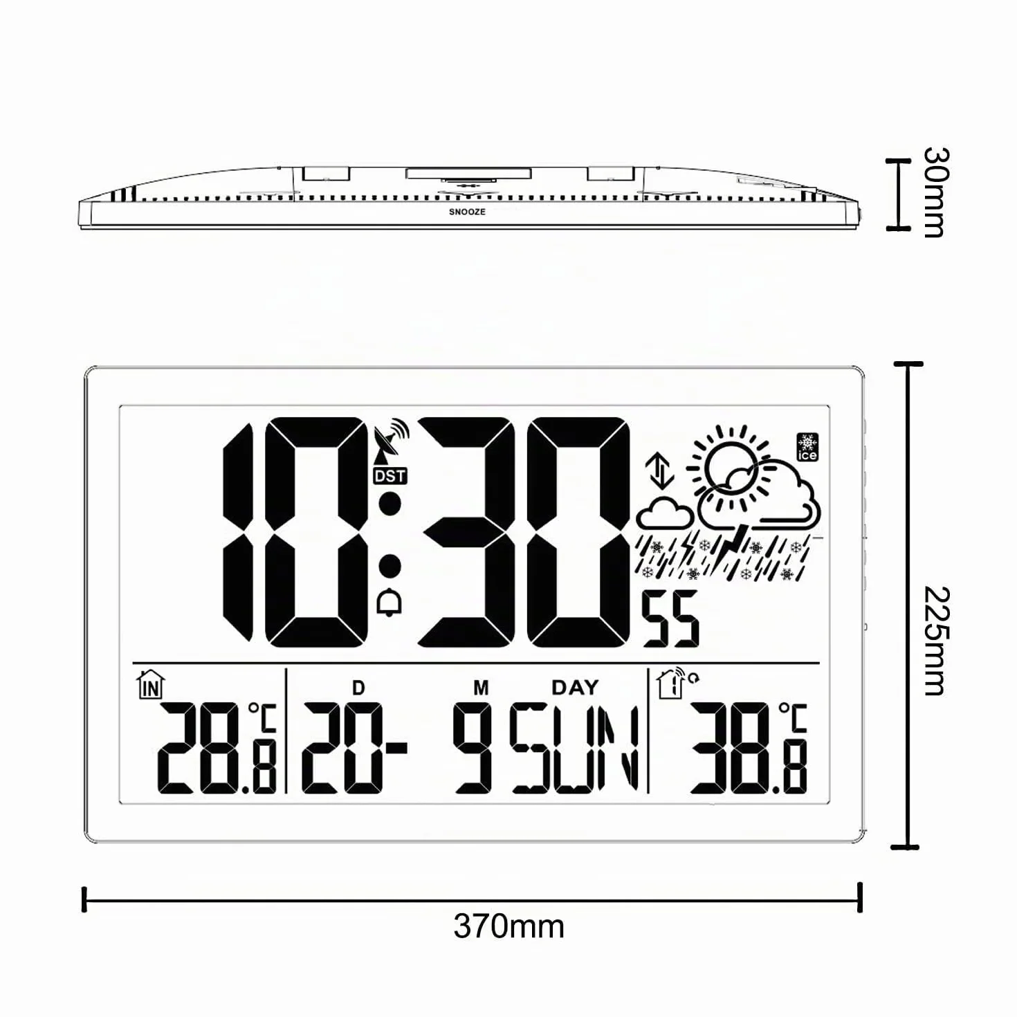 Green Blue GB218 Reloj de Pared Grande Digital con Sensor Exterior, Reloj DCF, Alarma con Función de Repetición, Pantalla LCD, Temperatura Interior y Exterior, Previsión, Dimensiones 37 x 22,5 cm
