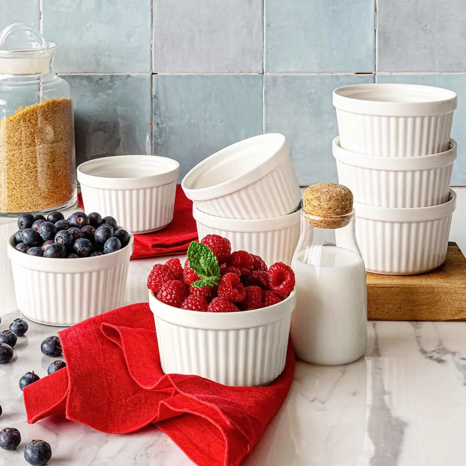 Woobroo Juego de 6 Ramequines de Cerámica para Horno | Para Postres Soufflé, Flan y Crème Brûlée | 9cm 200ml | Blancos | Flaneras Individuales