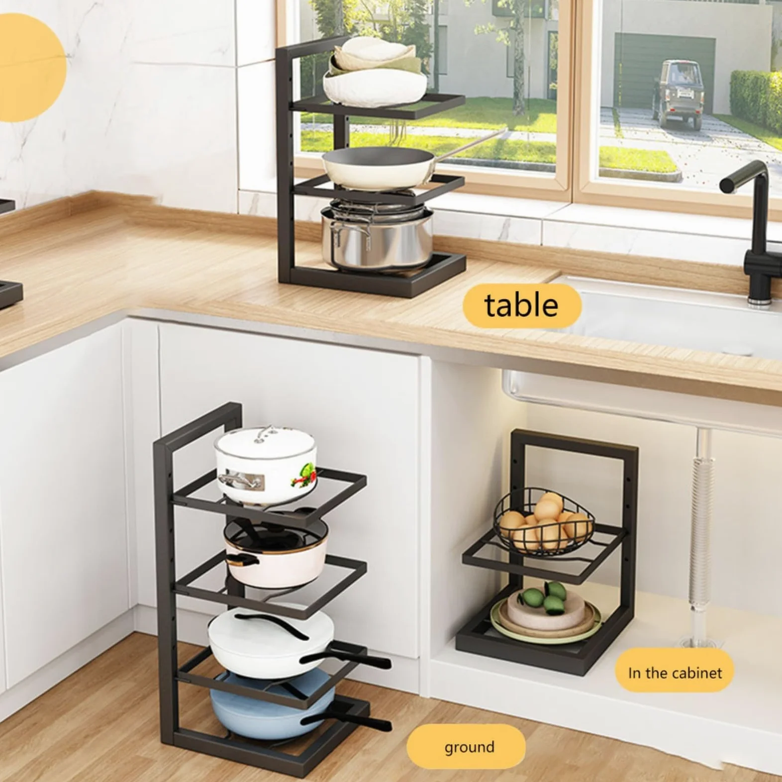 Estante para ollas y sartenes debajo del fregadero para armario de cocina para ollas y sartenes, estante ajustable para ollas y sartenes, solución de almacenamiento de utensilios de cocina que ahorra