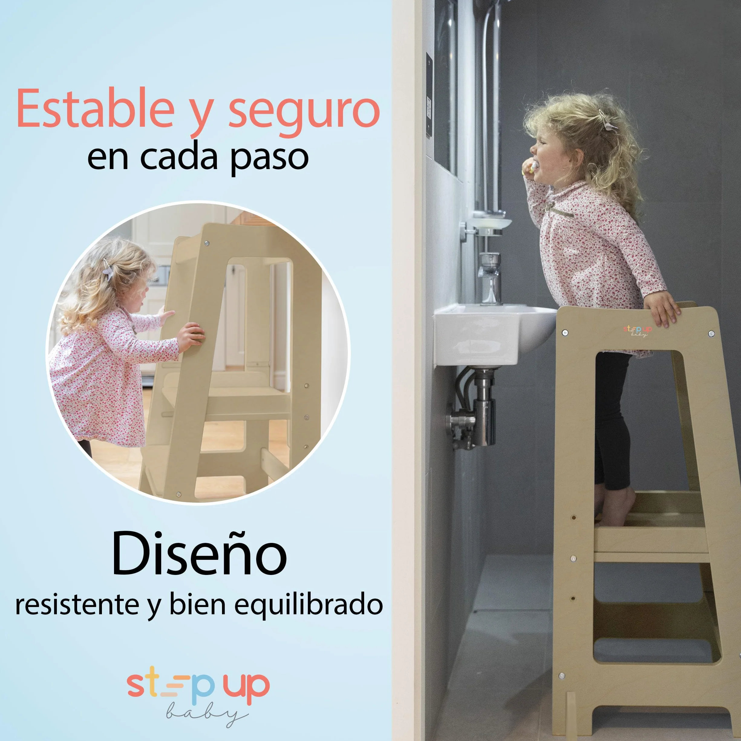 Stepup Baby Torre de Aprendizaje Montessori Taburete Infantil Madera Altura Ajustable Barra Seguridad para Niños 18 Meses a 5 Años