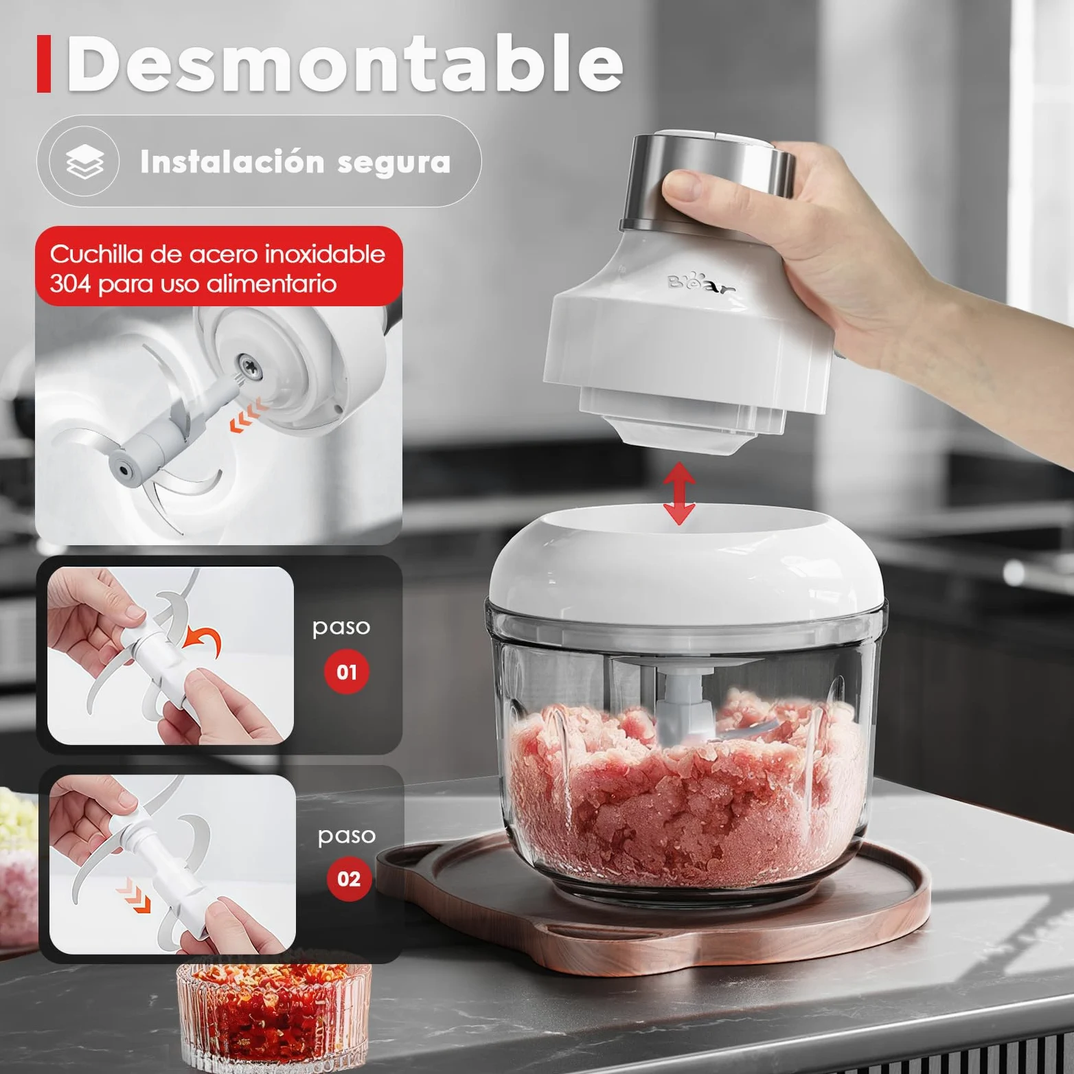 Bear 0.6l+2L Picadora de Alimentos,Clase de 2 Velocidades, Trituradora de Cocina Eléctrica, Trituradora de 300w, con 4 Cuchillas de Acero Inoxidable y Picadora de Carne