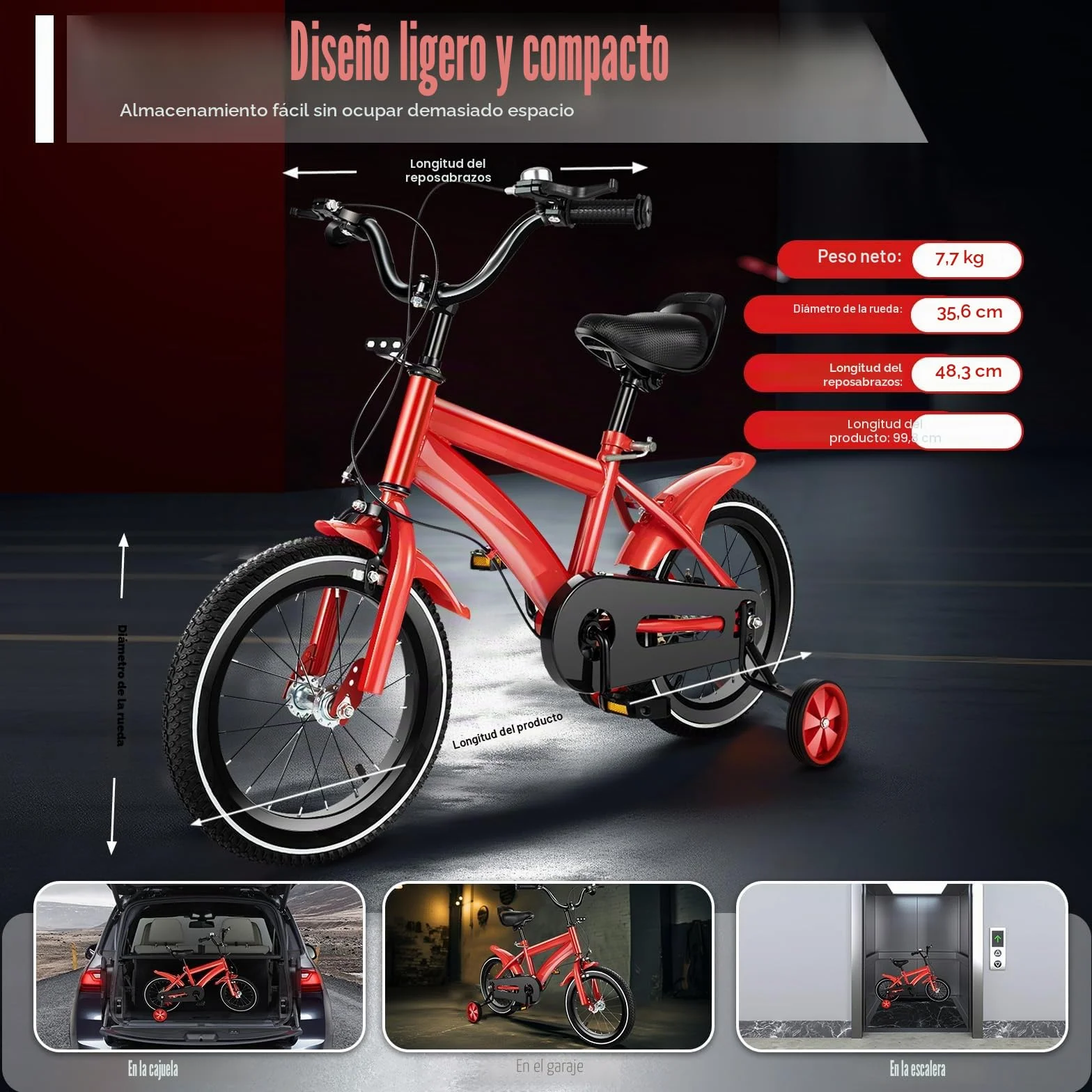 Bicicleta infantil 14 pulgadas ruedas estabilizadoras roja para niños niñas 3-8 años