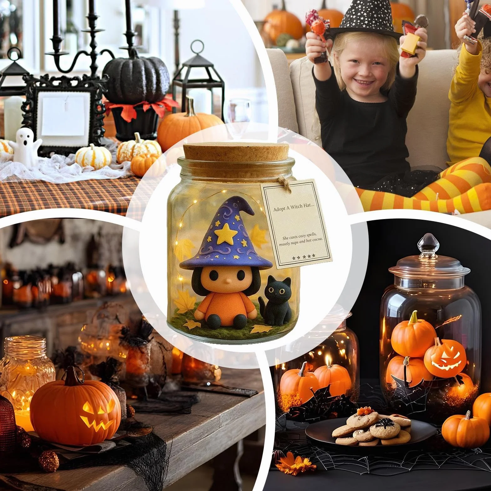 Genérico Tarro con Figura De Halloween - Bruja y Gato en Tarro,Regalo De Fiesta Centro De Mesa De Halloween Accesorios para Baño Fotografía Dormitorio Cocina Salón Estudio