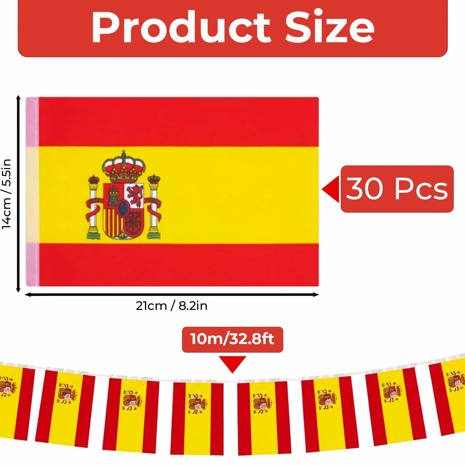 Guirnalda 10m Banderas de España 14x21cm Tela Decoración Mundial 2026 Fútbol