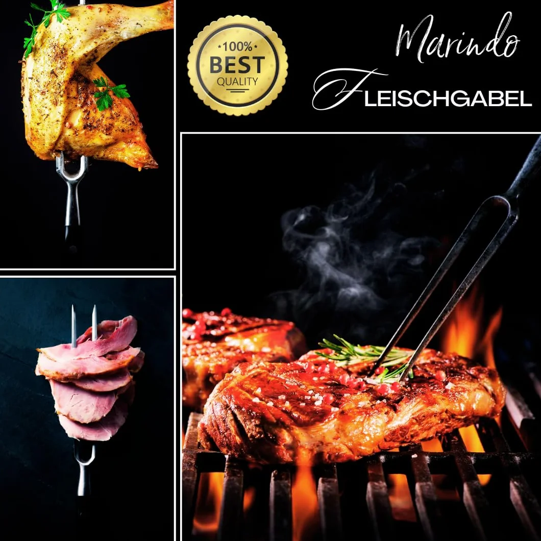 Marindo® Tenedor Profesional de Carne de Acero Inoxidable | 31,5 cm Con Mango de Madera y Hoja de 17 cm | Para Barbacoa y Trinchar
