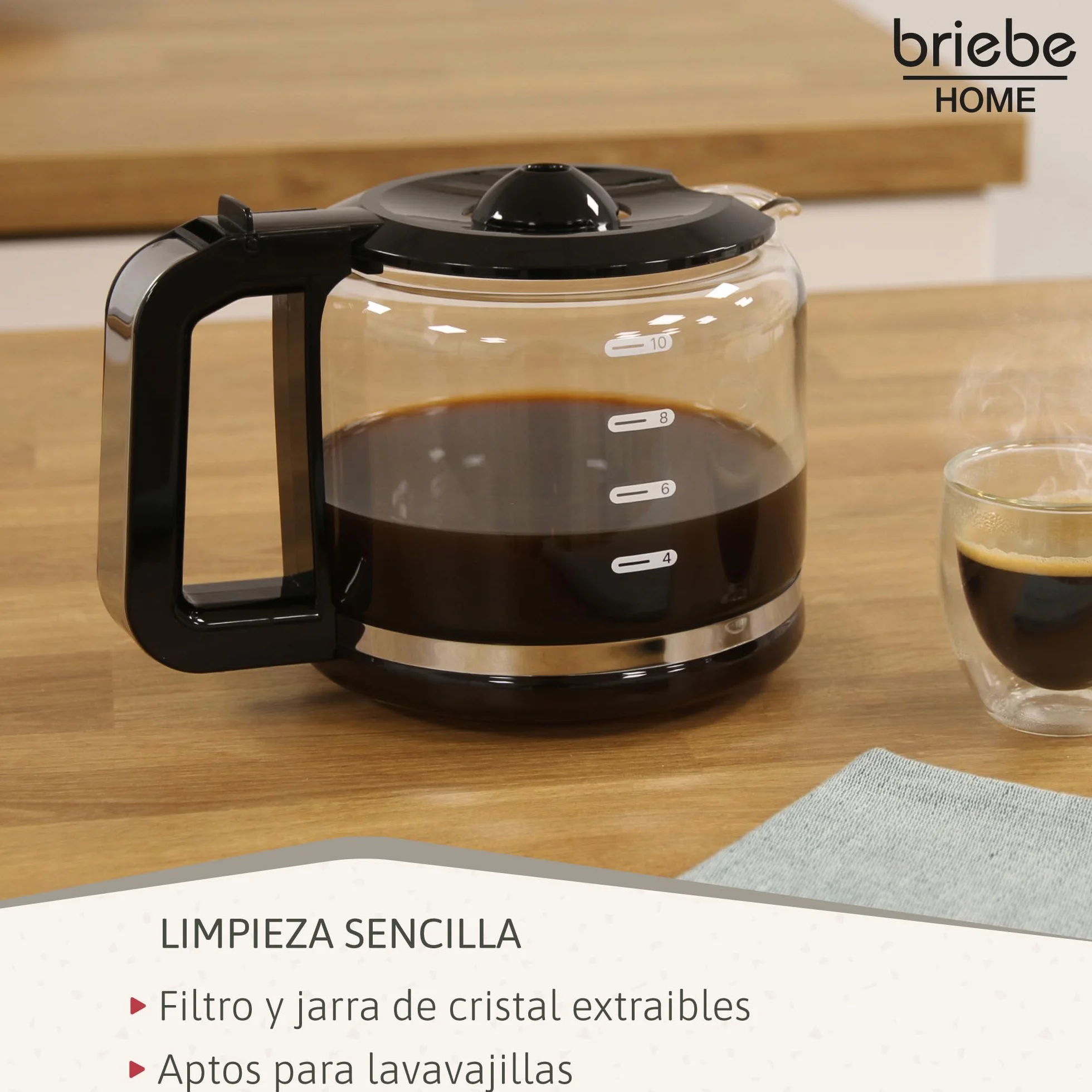 briebe Elegance Set Tostadora Pan Ranura Ancha 2 Rebanadas + Hervidor Agua Eléctrico 1,7L Inalámbrico 2200W Libre BPA + Cafetera Goteo Filtro 10 Tazas 1,25L, Pack Desayuno Diseño Moderno, Negro