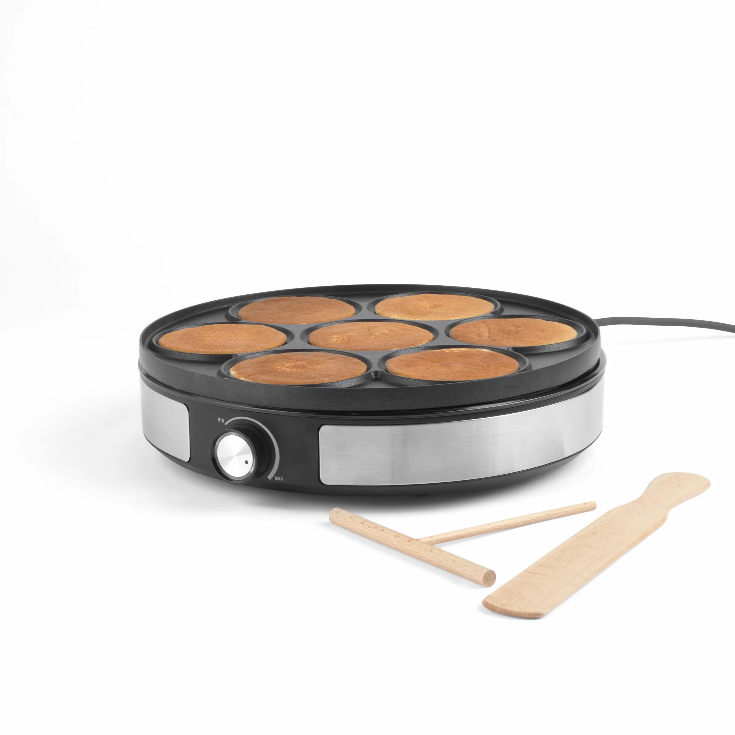 Petra 2 en 1 Crepera – Máquina para Panqueques, Haga 1 Crepe Grande o 7 Mini Panqueques, Plato de 33 cm, Antiadherente, Herramienta para Crepes de Madera y Espátula Incluida, 1500W, PT6225VDE