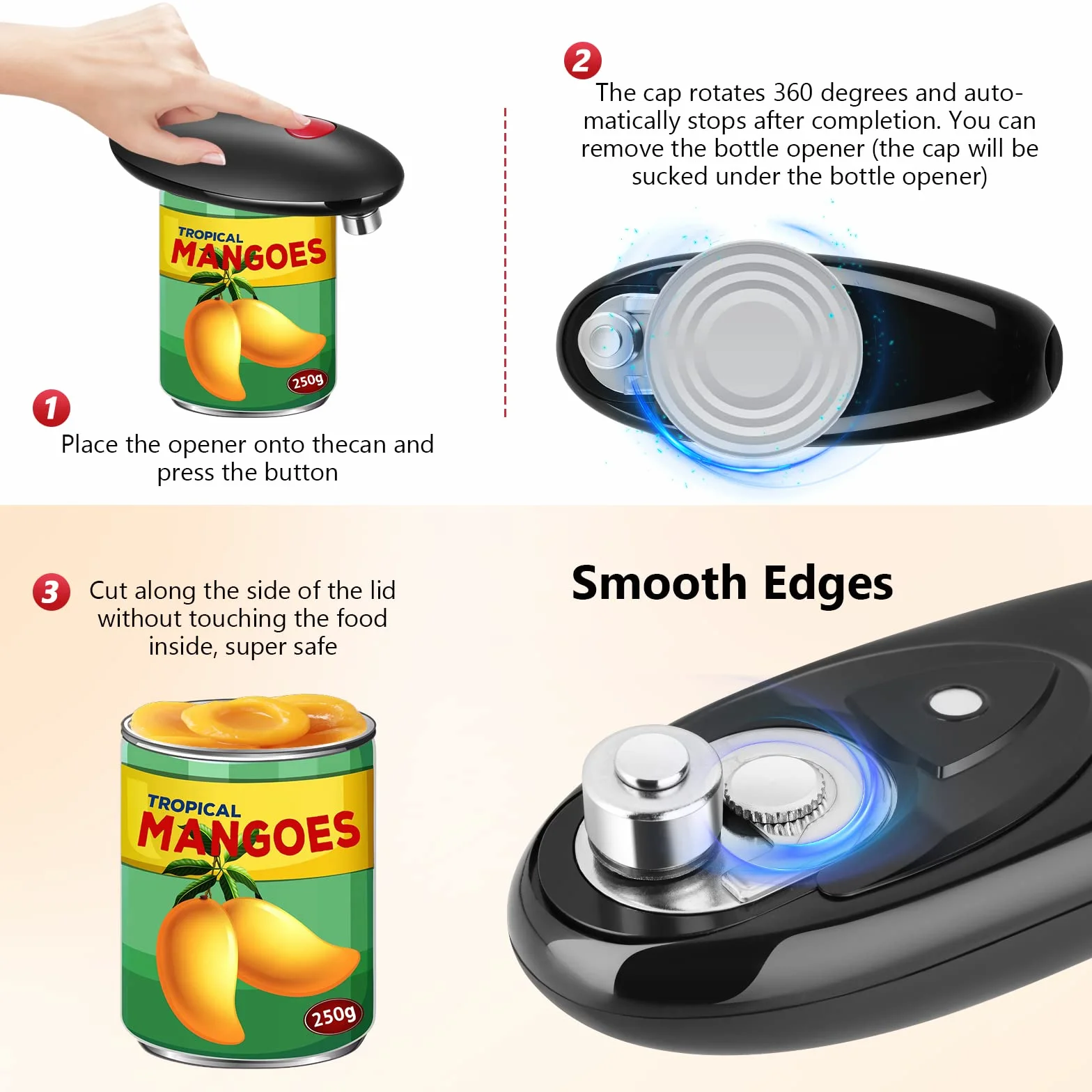 Abrelatas eléctrico, abrelatas automático One Touch 360 ° Rotación Automática Stop Utensilios de cocina para cocineros, personas mayores, niños y batería lesionada, por favor, pida por separado