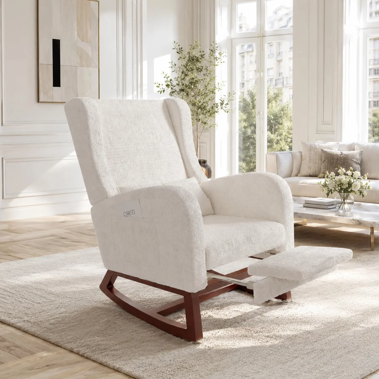 POYHKFD Sillones de salón mecedora, mecedora acolchada, silla escandinava con base de madera, reposamanos gruesos, 2 bolsillos laterales, 1 cojín lumbar (color beige d)