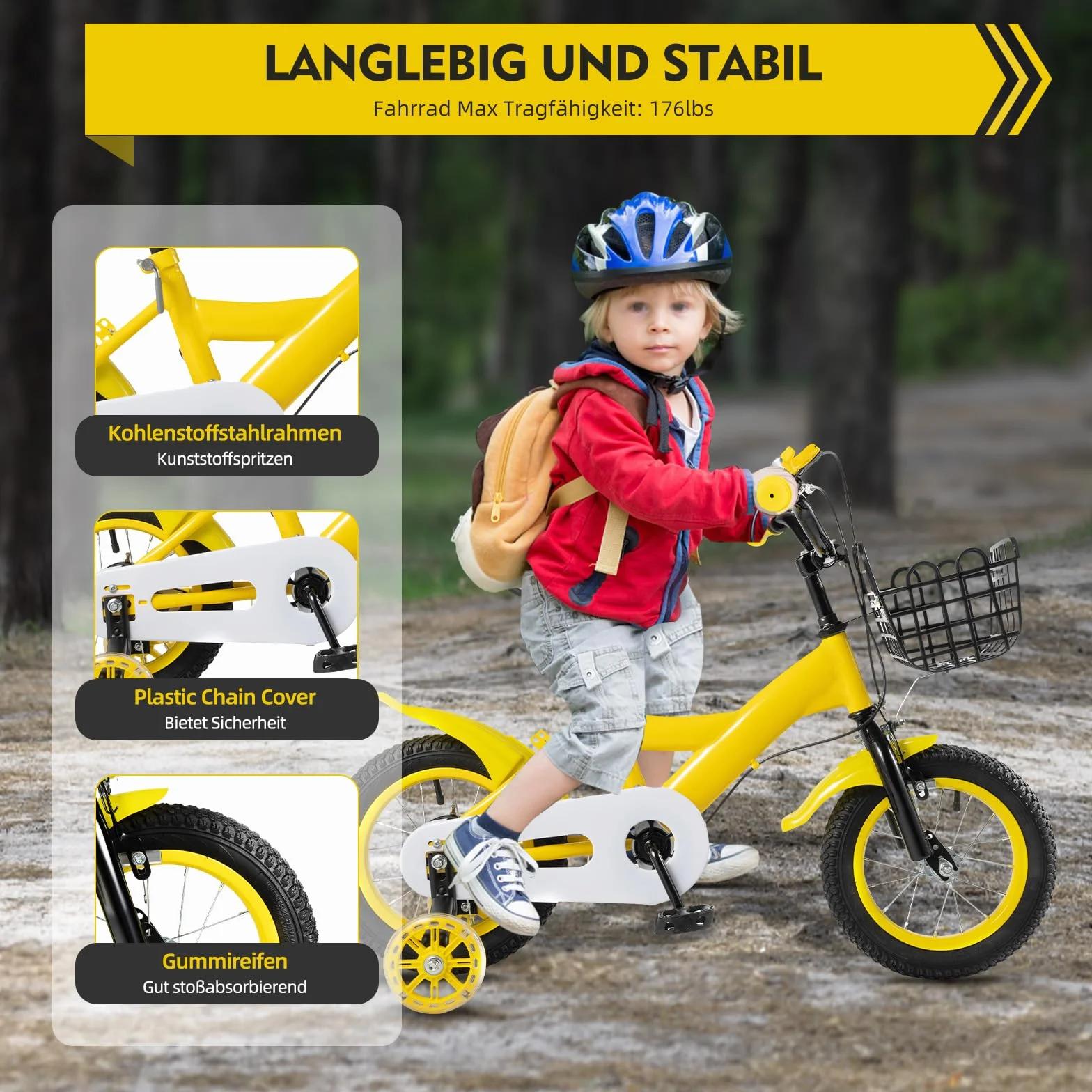 Bicicleta infantil 12 pulgadas con ruedas estabilizadoras y cesta ajustable