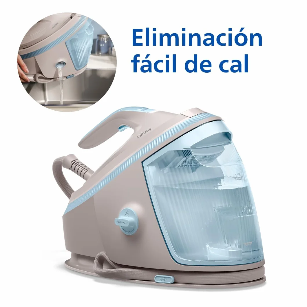 Philips PerfectCare Serie 7000 Centro de Planchado - Golpe de Vapor 600g, Presión 8,5 Bar, OptimalTEMP, Suela SteamGlide Elite, Depósito Extraíble 1,5L, Planchado Vertical, Easy De-Calc (PSG7200/60)