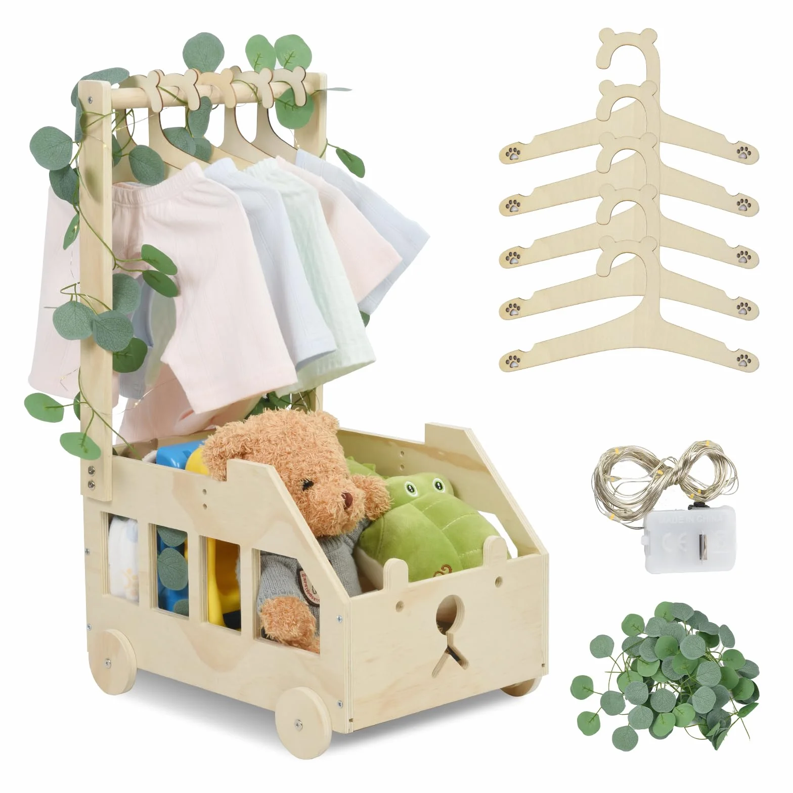 OTraki Cesta Organizadora Bebe de Madera con Ruedas, 5 Perchas para Baby Shower