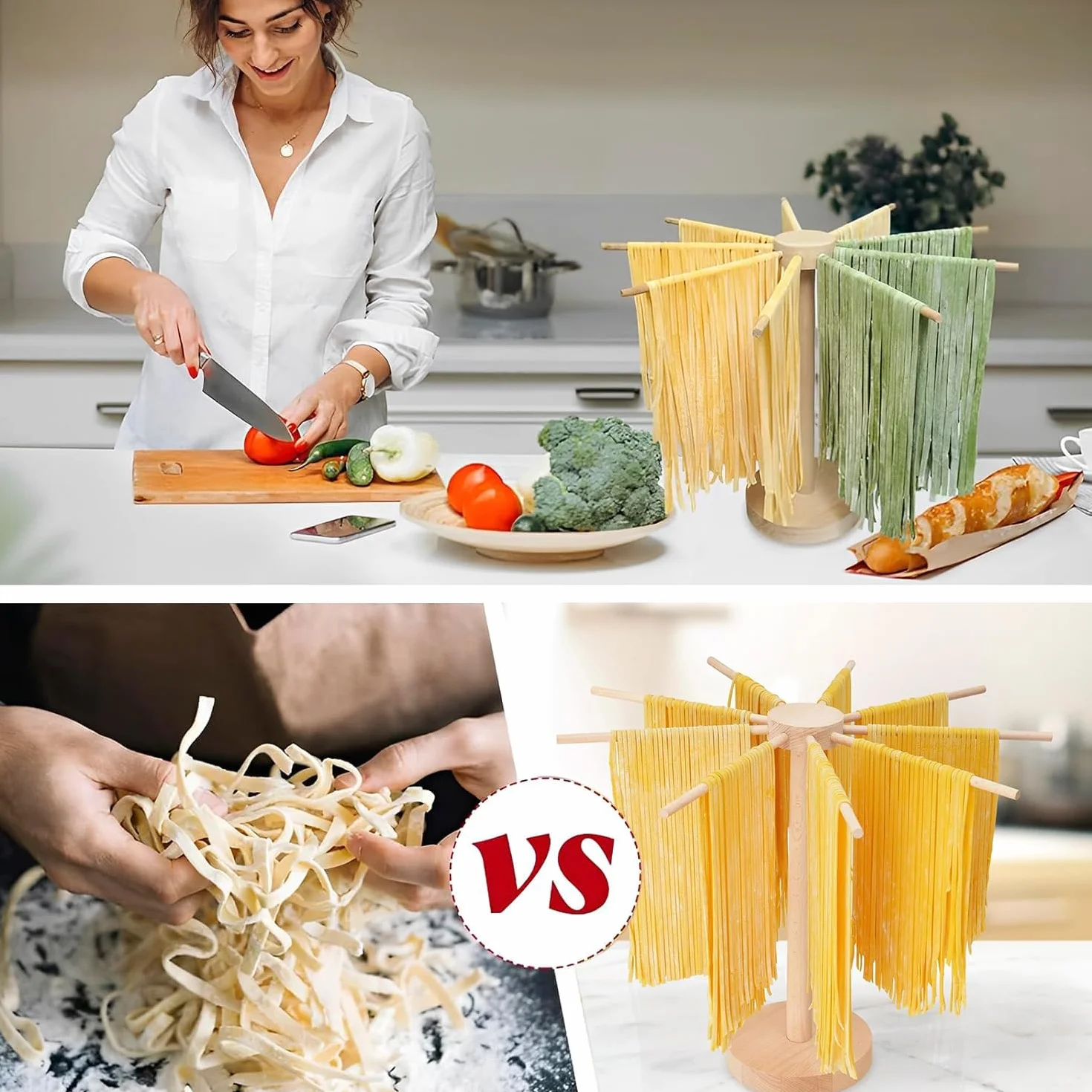 Secador de Pasta, Secador de Pasta Plegable, secador de Pasta Grande de Madera con 9 Brazos extraíbles, Reutilizable para hasta, Altura 45 cm