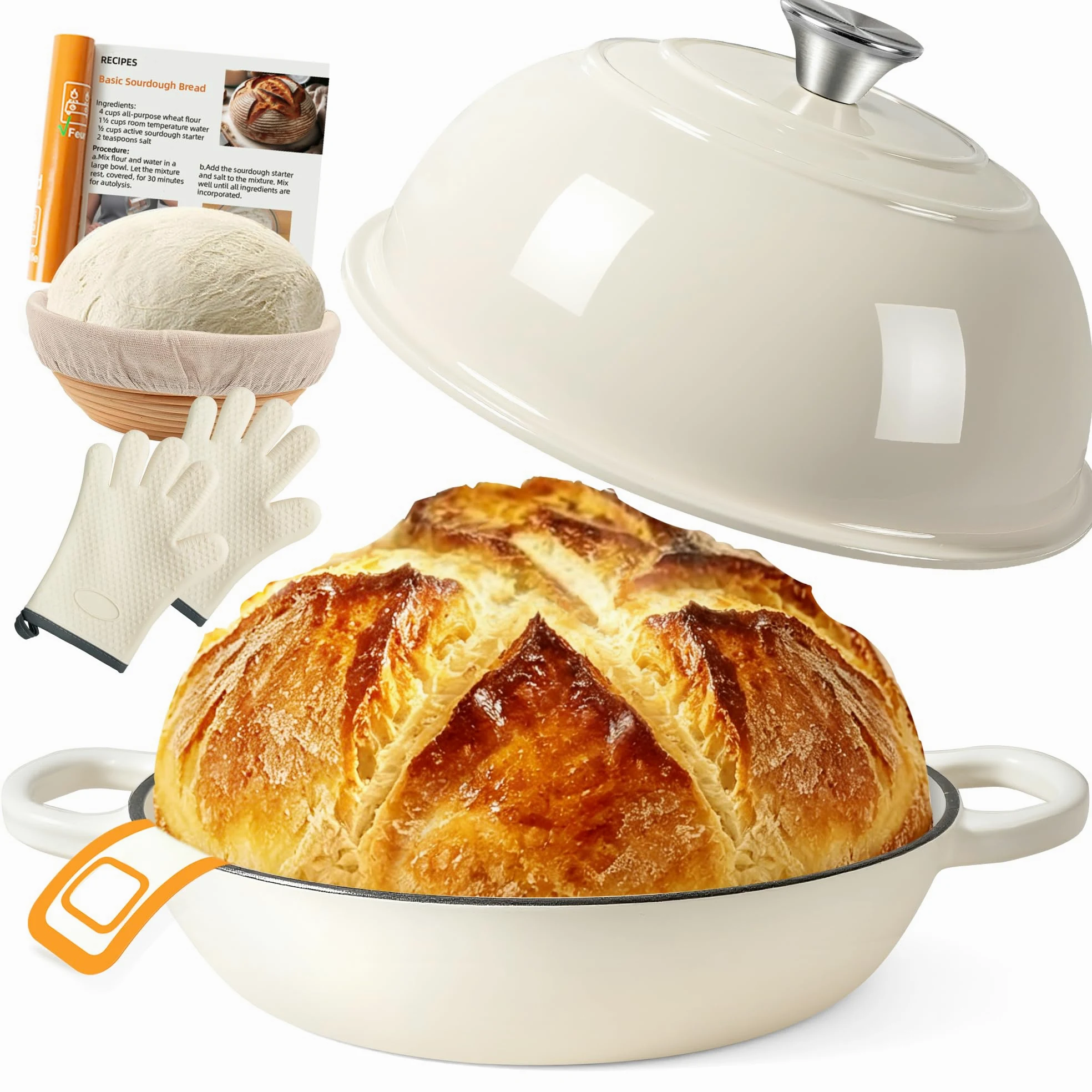 AHJ Olla de Hierro Fundido para Hornear Pan,26cm Dutch Oven | 5,7L Cacerola Holandesa de Esmaltado,Olla para pan con Cesta de Fermentación,para Cocinar,Hornear,Estofar y Asar (Blanco)